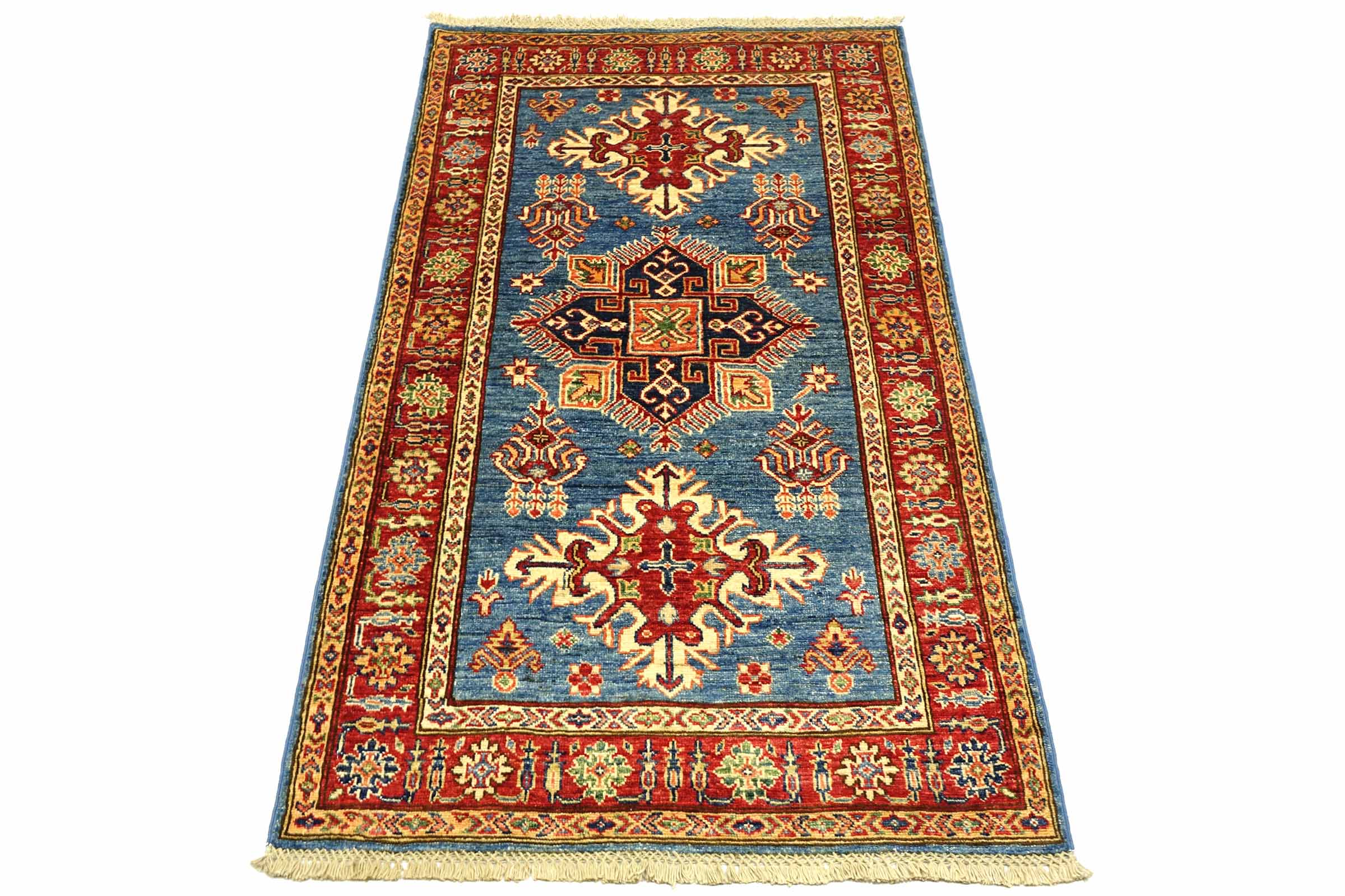Afghan Kazak Fein 100x150 Handgeknüpft Orientteppich Blau Umrandung Wolle