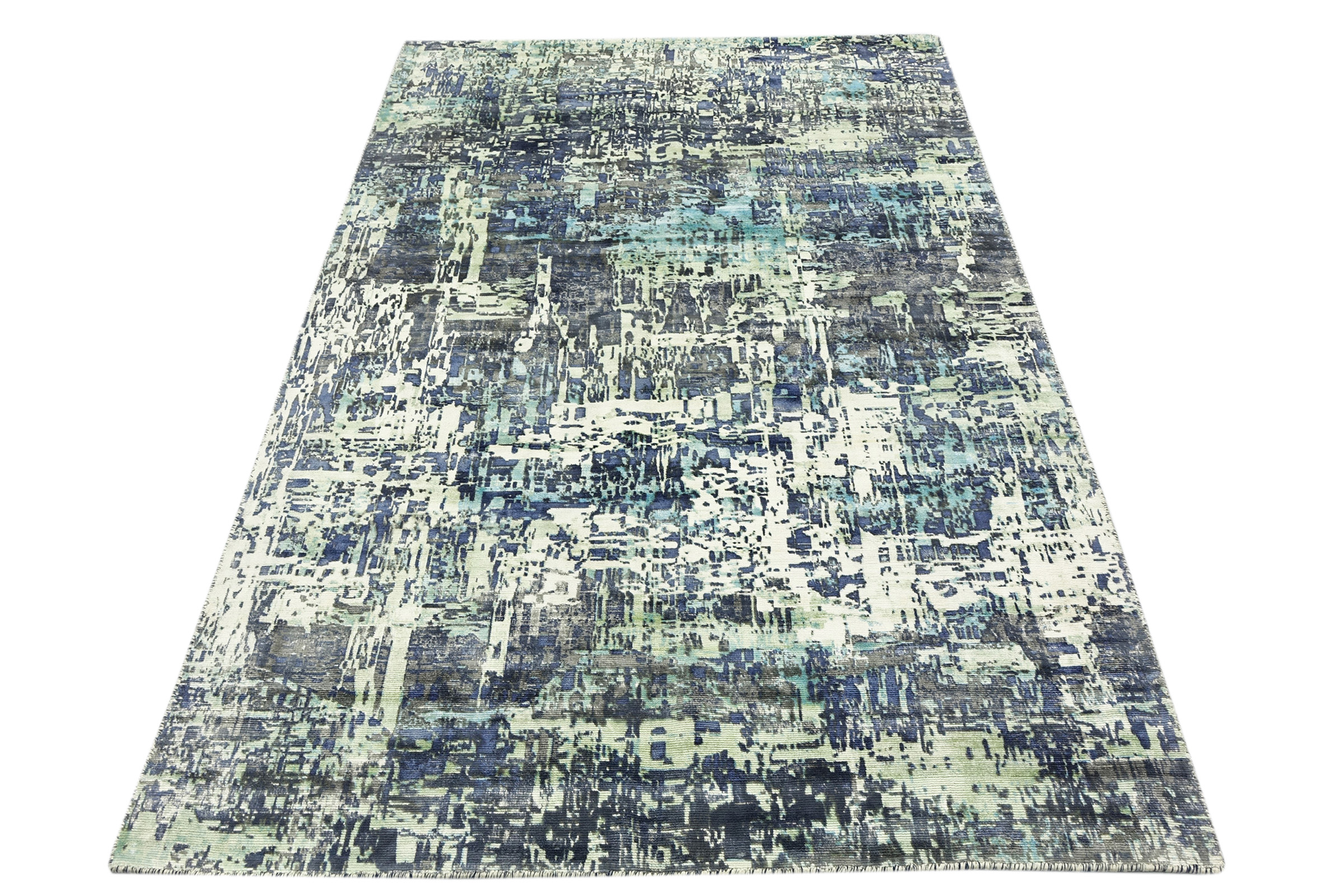 Handloom Vintage 220x160 Handgewebt Teppich 160x220 Blau Abstrakt Handarbeit Orient