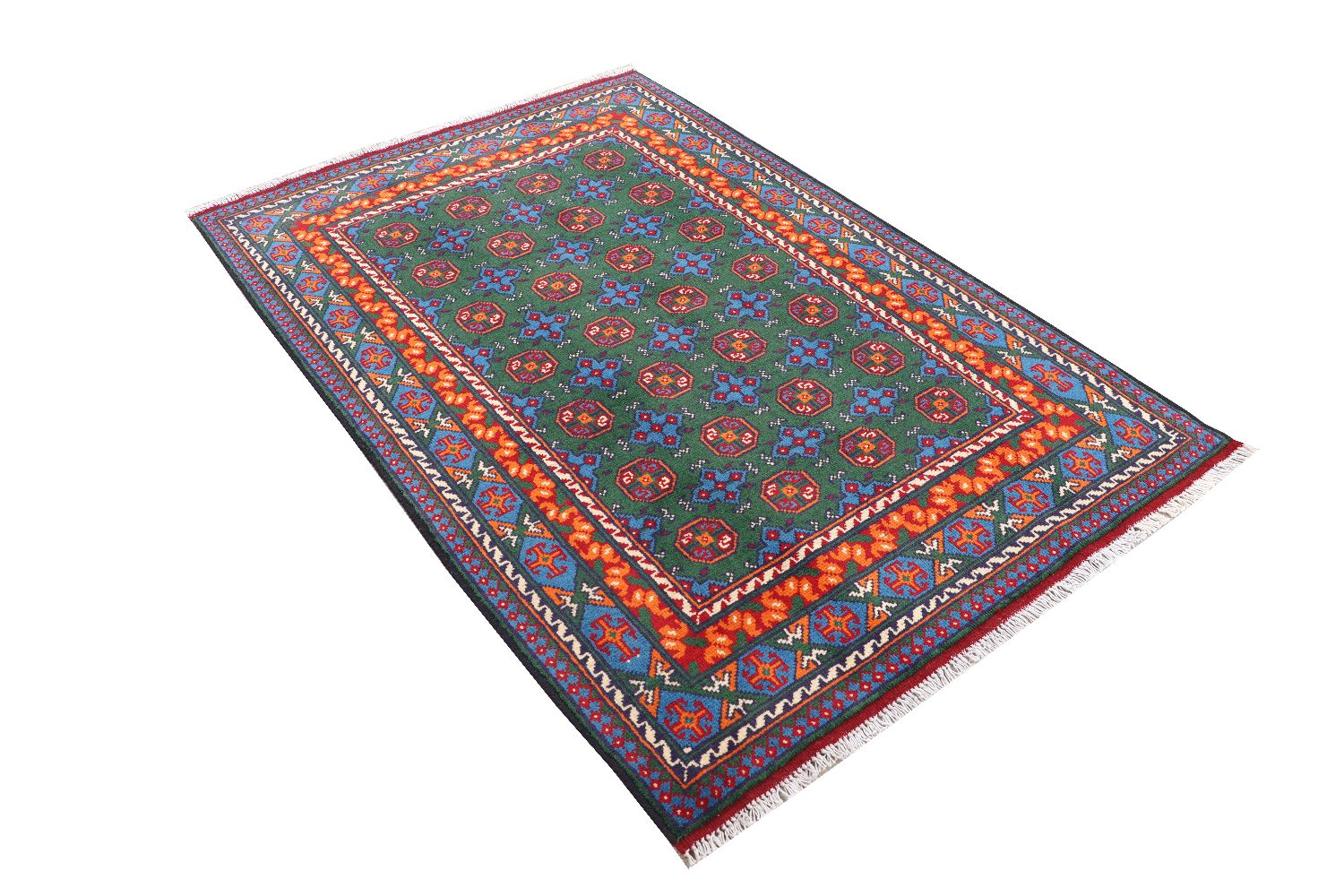 Afghan Akcha Rang Dar Teppich 120x180 Handgeknüpft Grün Durchgemustert Orient Kurzflor