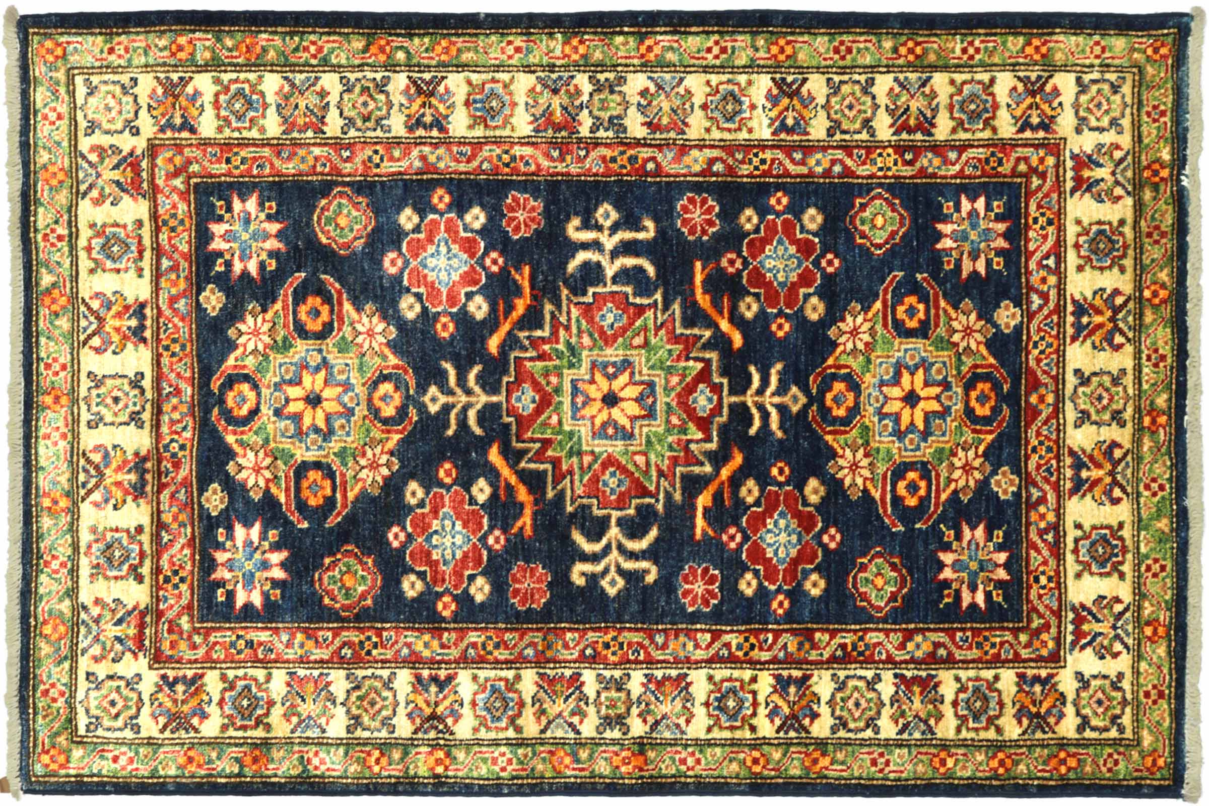 Afghan Kazak Fein 100x120 Handgeknüpft Orientteppich Schwarz Umrandung Wolle