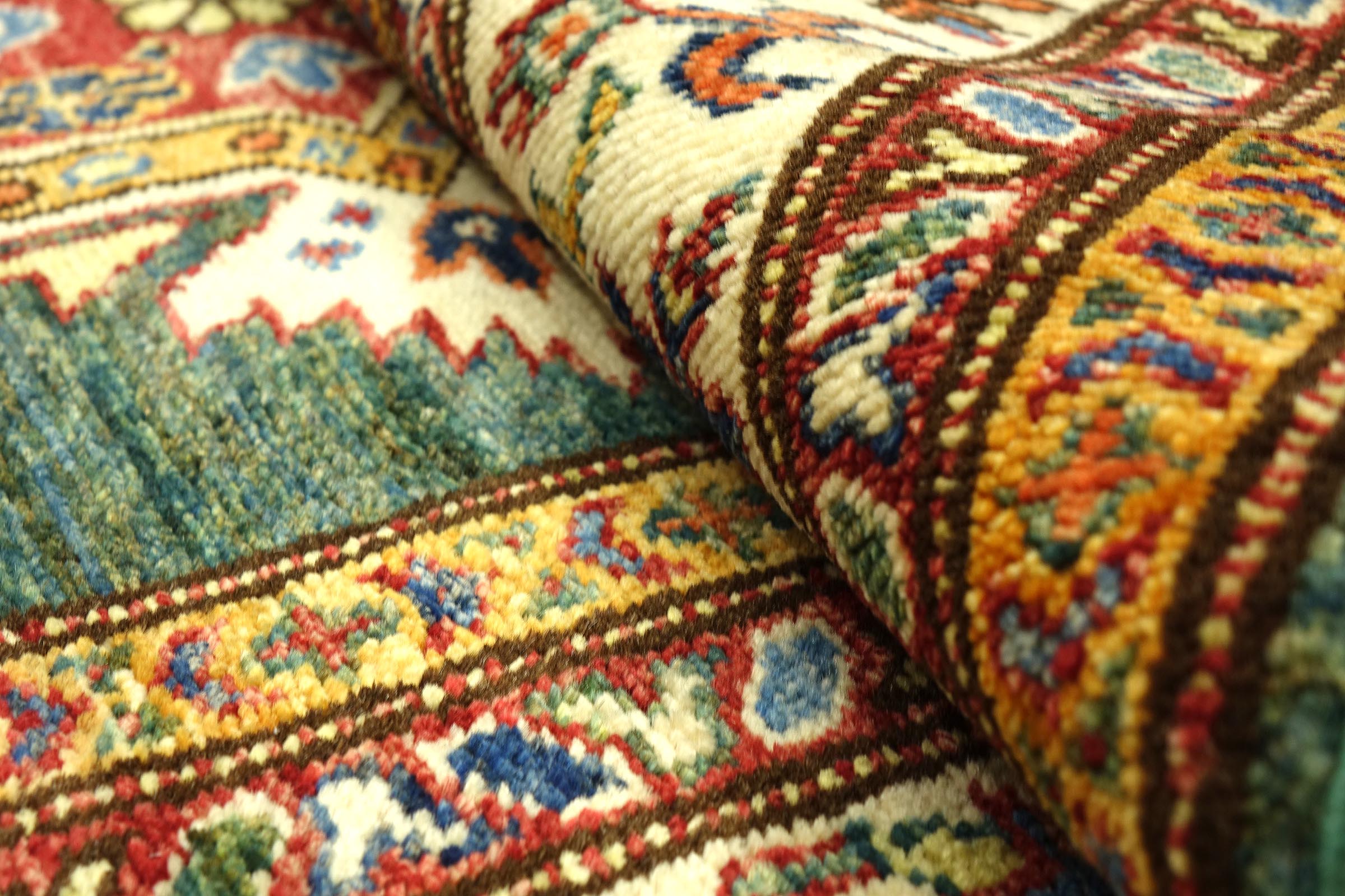 Afghan Kazak Fein 100x150 Handgeknüpft Orientteppich grün Umrandung Wolle