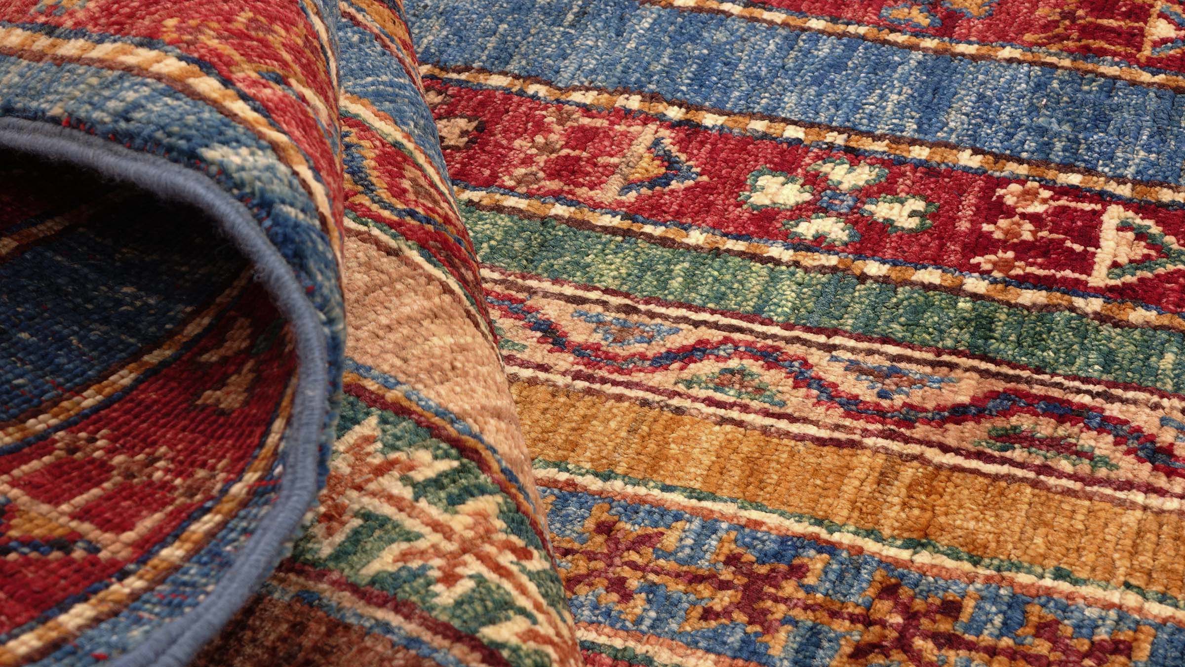 Afghan Khorjin Shaal Teppich 100x150 Handgeknüpft Blau Streifen Orient Kurzflor