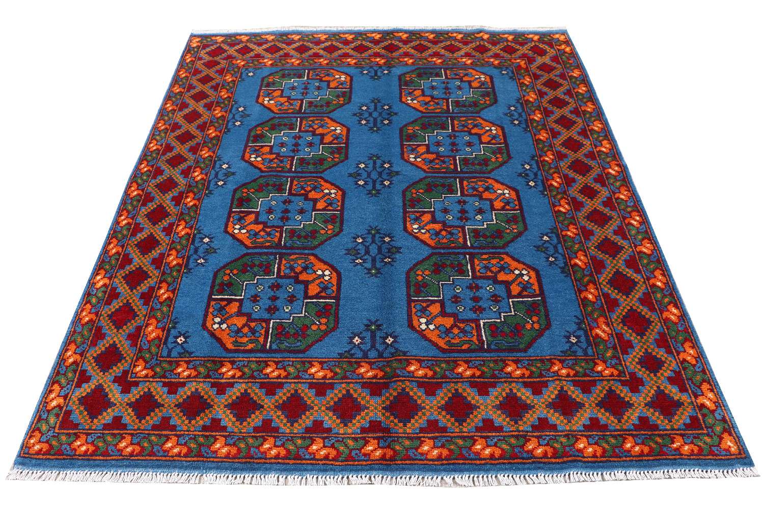 Afghan Akcha Rang Dar Teppich 150x200 Handgeknüpft Blau Durchgemustert Orient Kurzflor