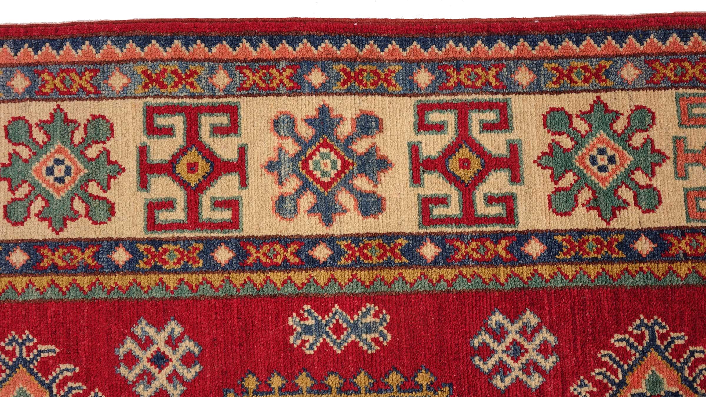 Kazak Teppich 120x180 Handgeknüpft Rosa Geometrisch Orientalisch UNIKAT Kurzflor