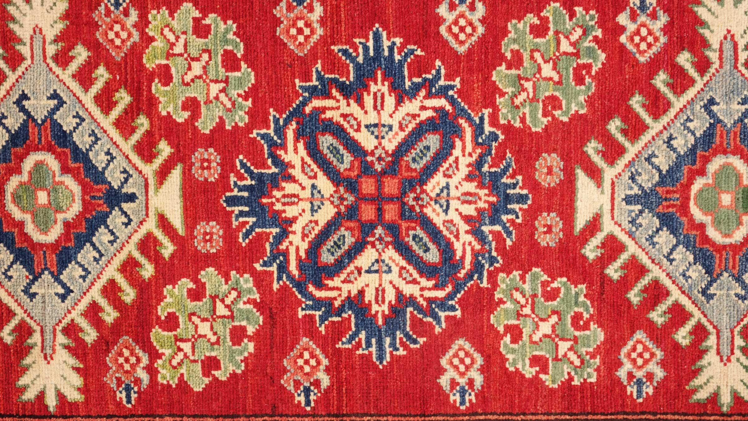 Kazak Teppich 80x300 Handgeknüpft Läufer rot Geometrisch Orientalisch UNIKAT Kurzflor