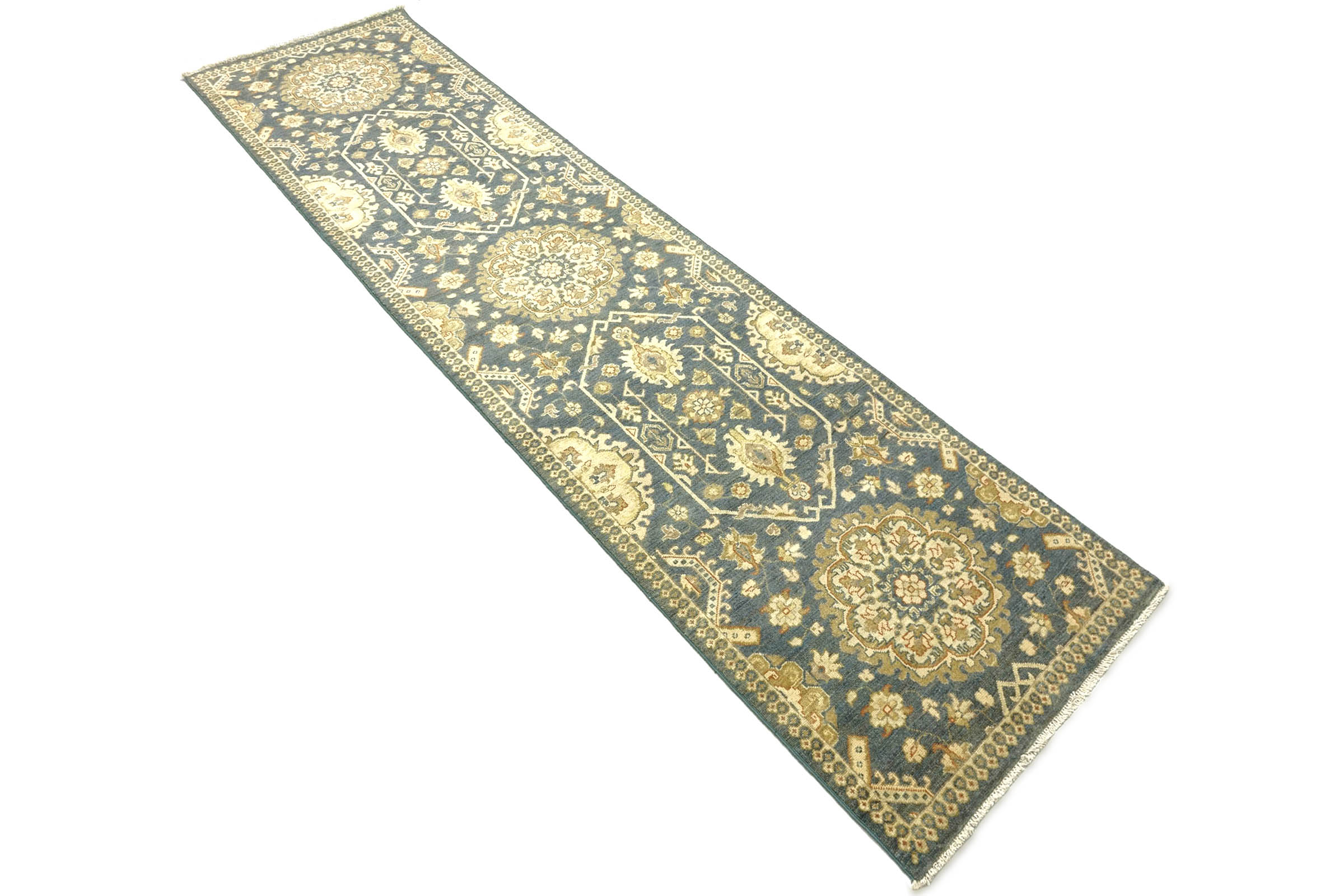 Afghan Chobi Ziegler 80x320 Handgeknüpft Orientteppich Läufer Blau Blumenmuster