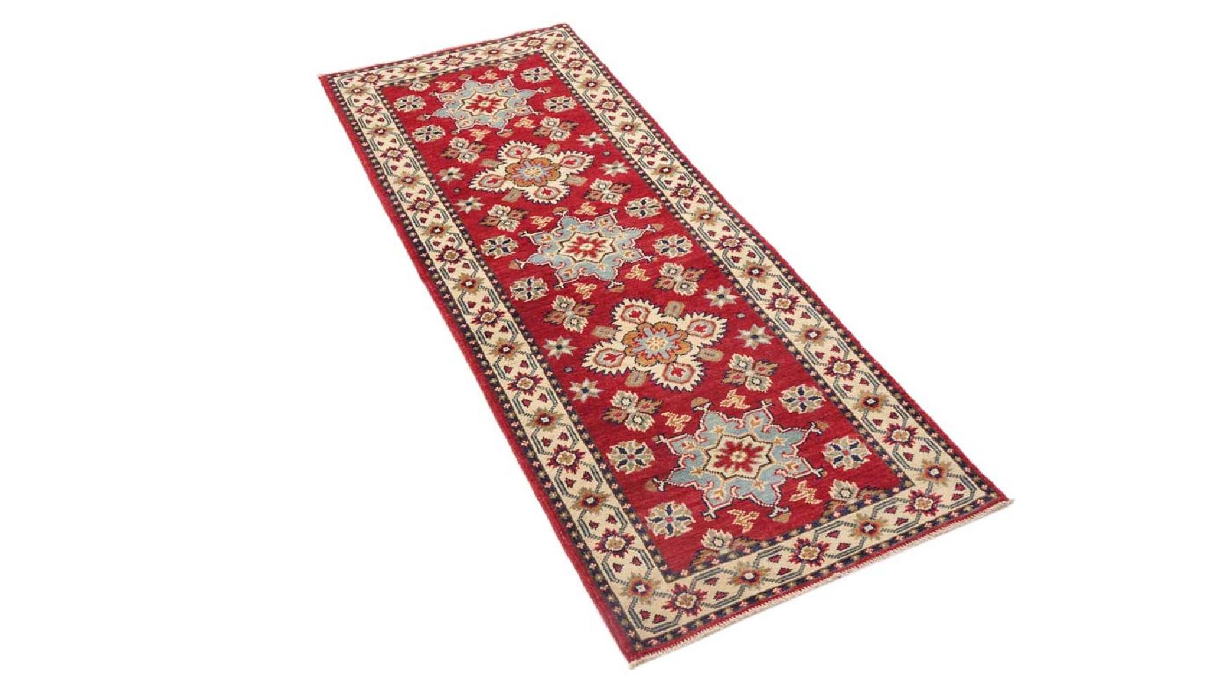 Kazak Teppich 60x170 Handgeknüpft Läufer rot Geometrisch Orientalisch UNIKAT Kurzflor