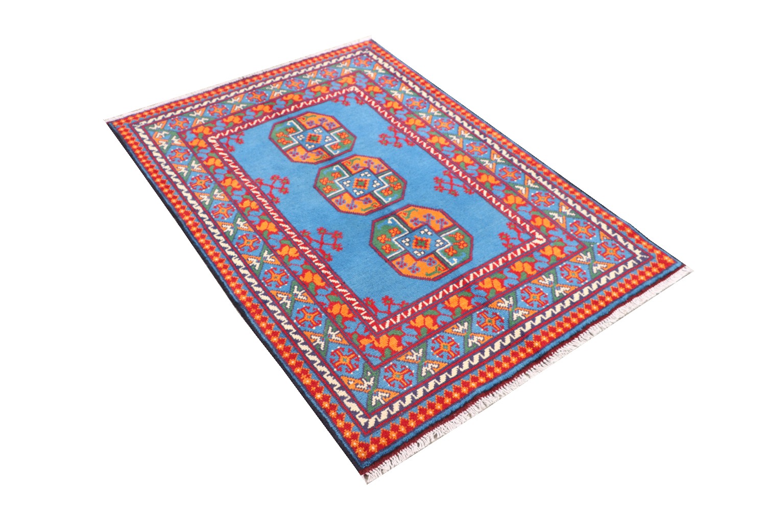 Afghan Akcha Rang Dar Teppich 100x150 Handgeknüpft Blau Durchgemustert Orient Kurzflor
