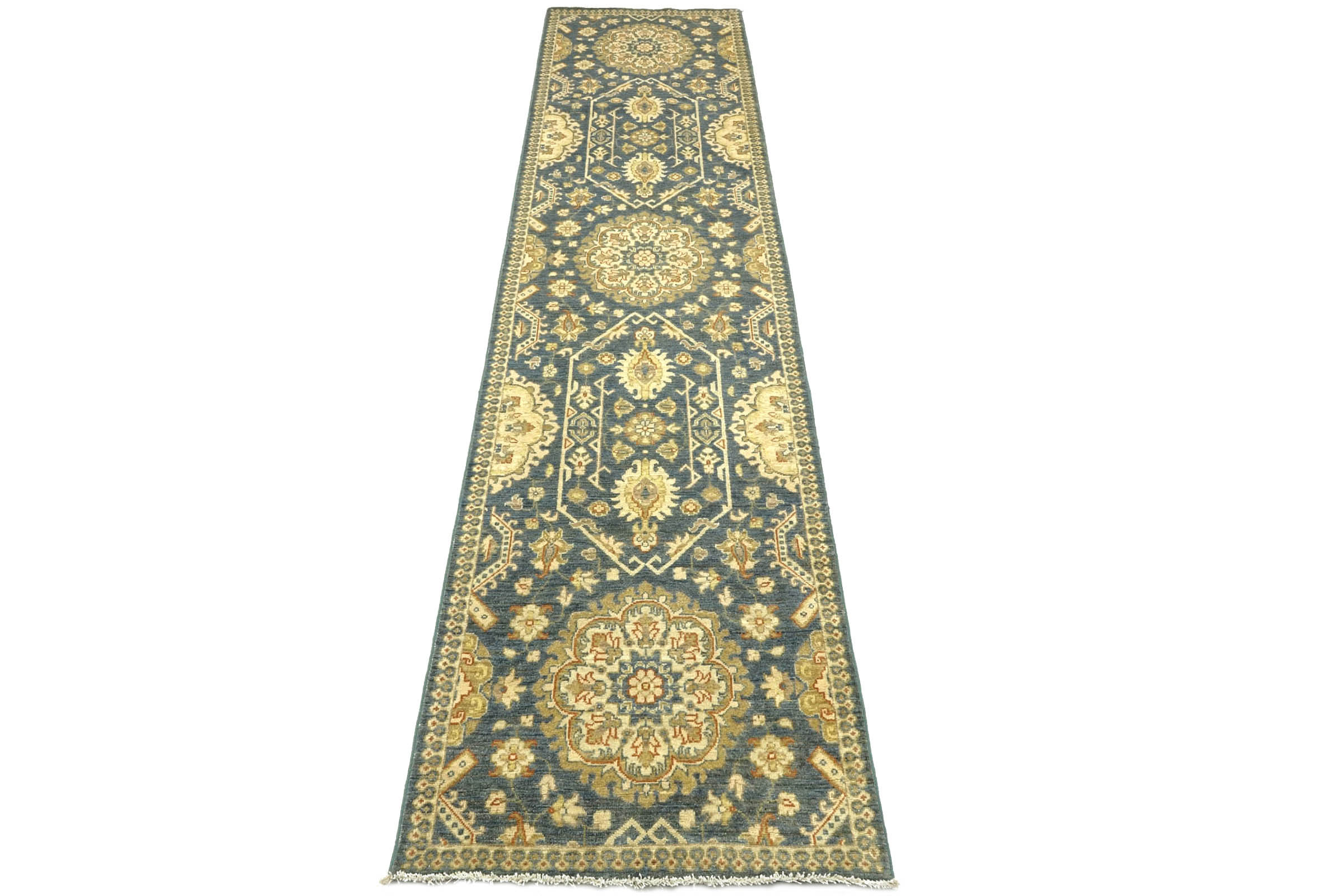 Afghan Chobi Ziegler 80x320 Handgeknüpft Orientteppich Läufer Blau Blumenmuster