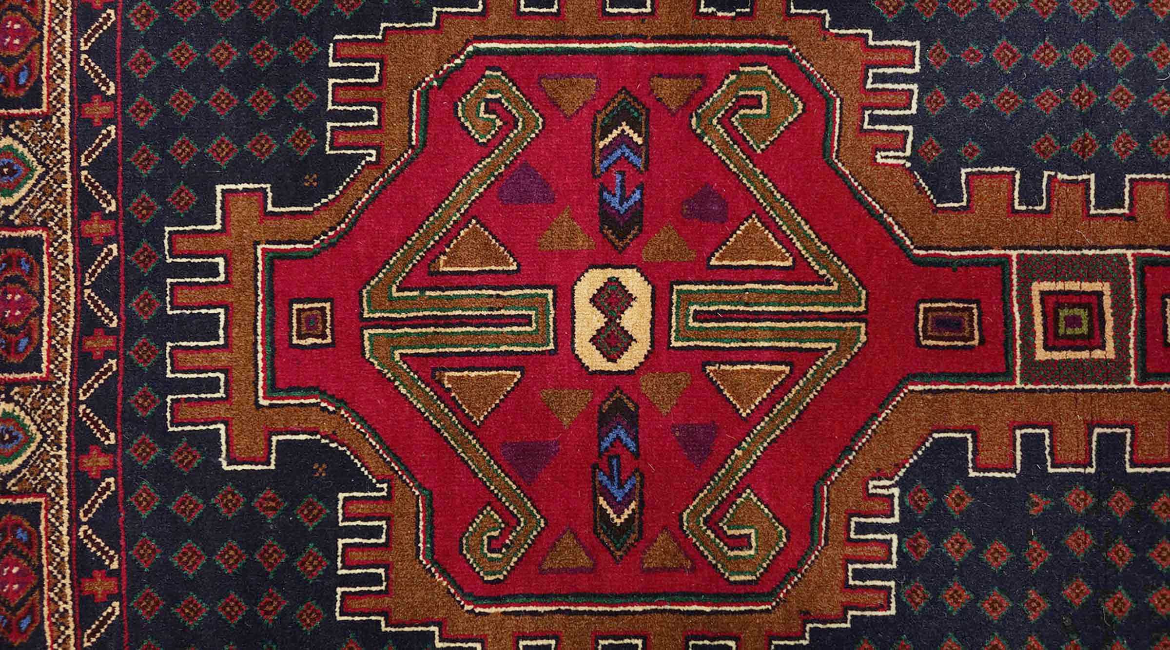 Afghan Teppich 80x150 Handgeknüpft Rot Geometrisch Orient Kurzflor Wohnzimmer