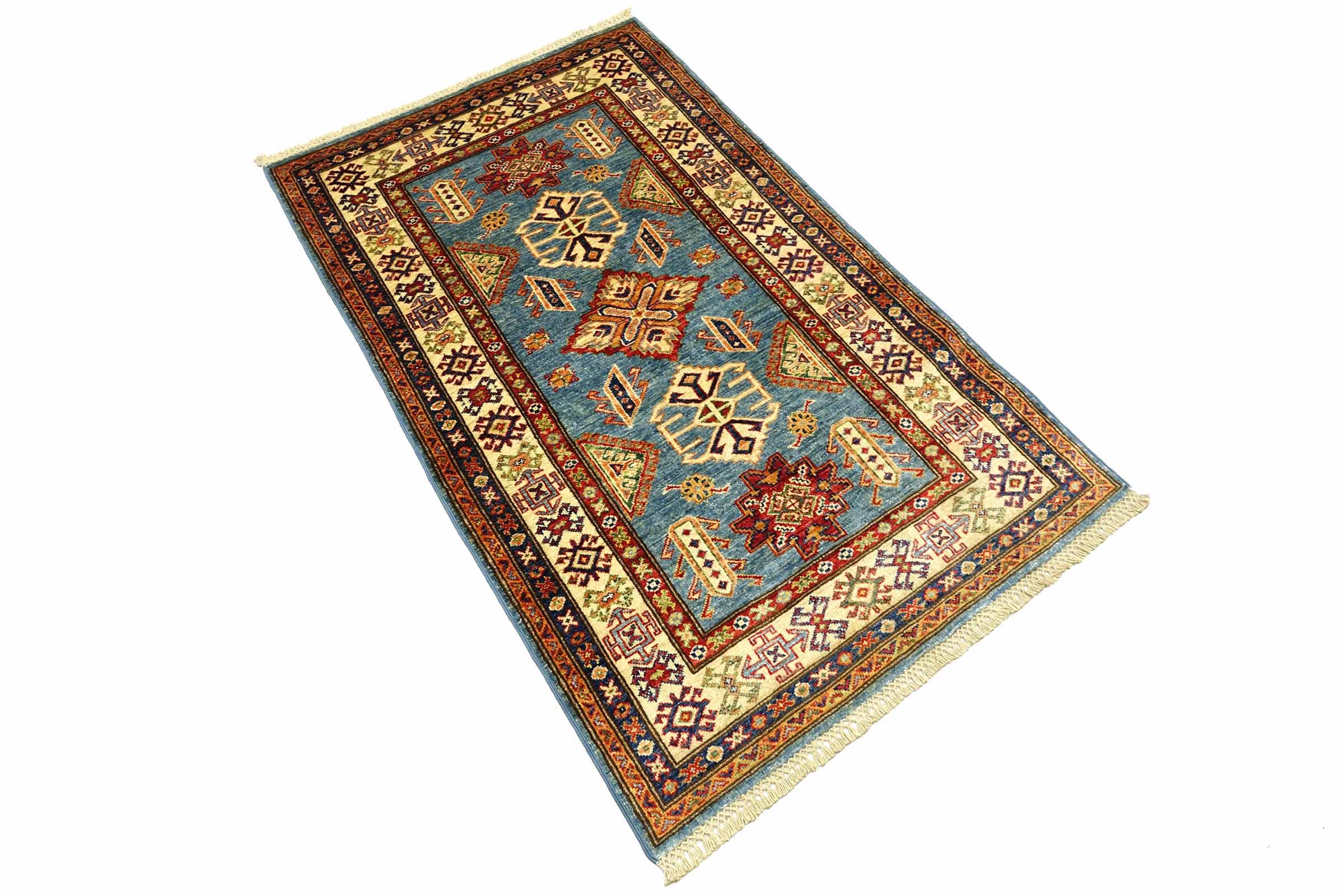 Afghan Kazak Fein 100x150 Handgeknüpft Orientteppich Blau Umrandung Wolle