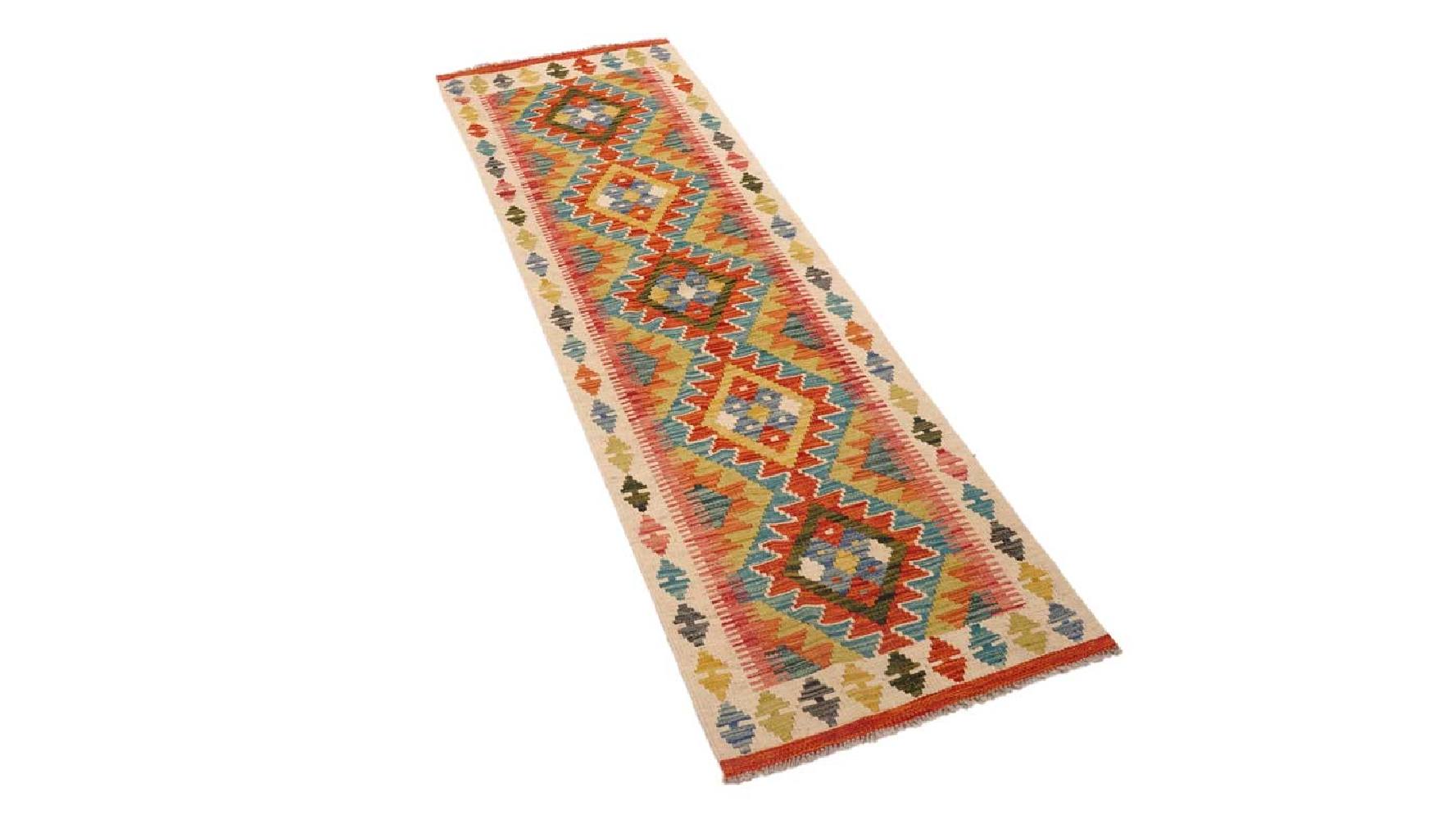 Maimana Kelim Teppich 60x200 Handgewebt Läufer Beige Geometrisch Handarbeit