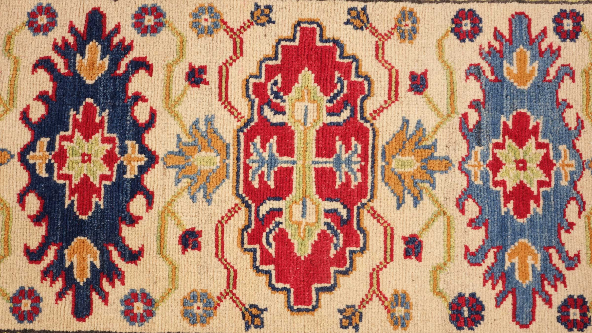 Kazak Teppich 80x300 Handgeknüpft Läufer Beige Floral Orientalisch UNIKAT Kurzflor