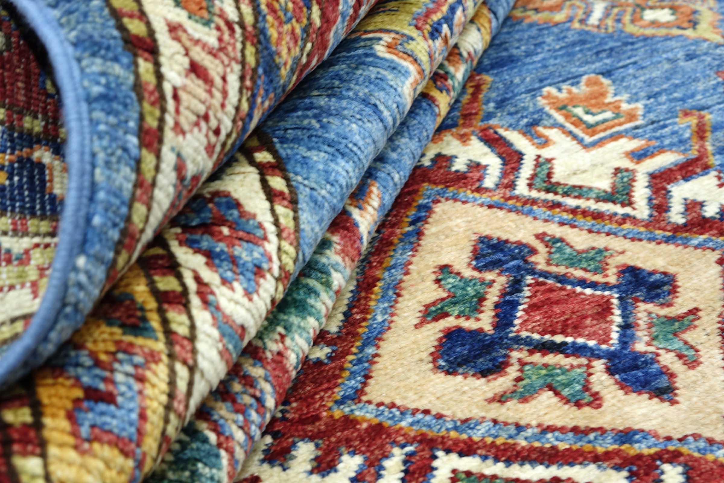 Afghan Feiner Kazak Teppich 240x340 Handgeknüpft Blau Geometrisch Orient Kurzflor