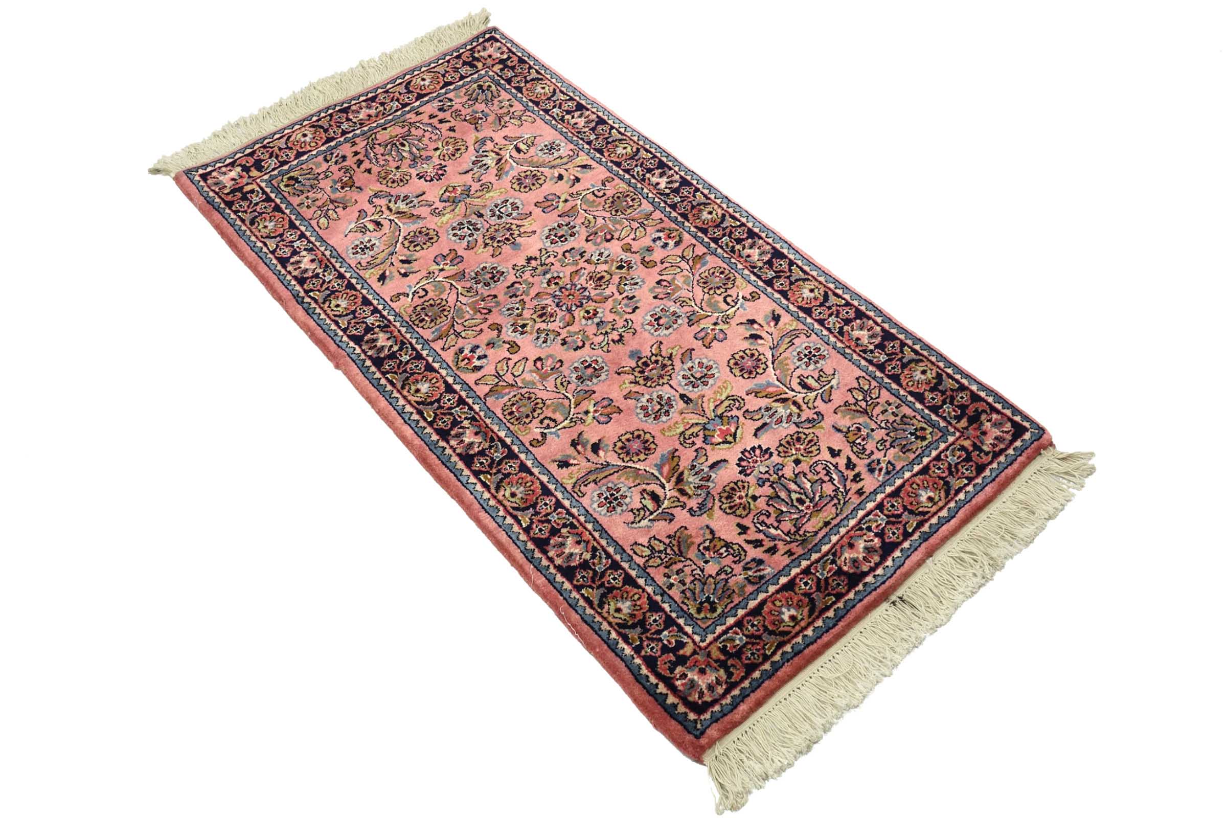 Sarough Teppich 70x140 Handgeknüpft Rosa Floral Wolle Kurzflor Rug