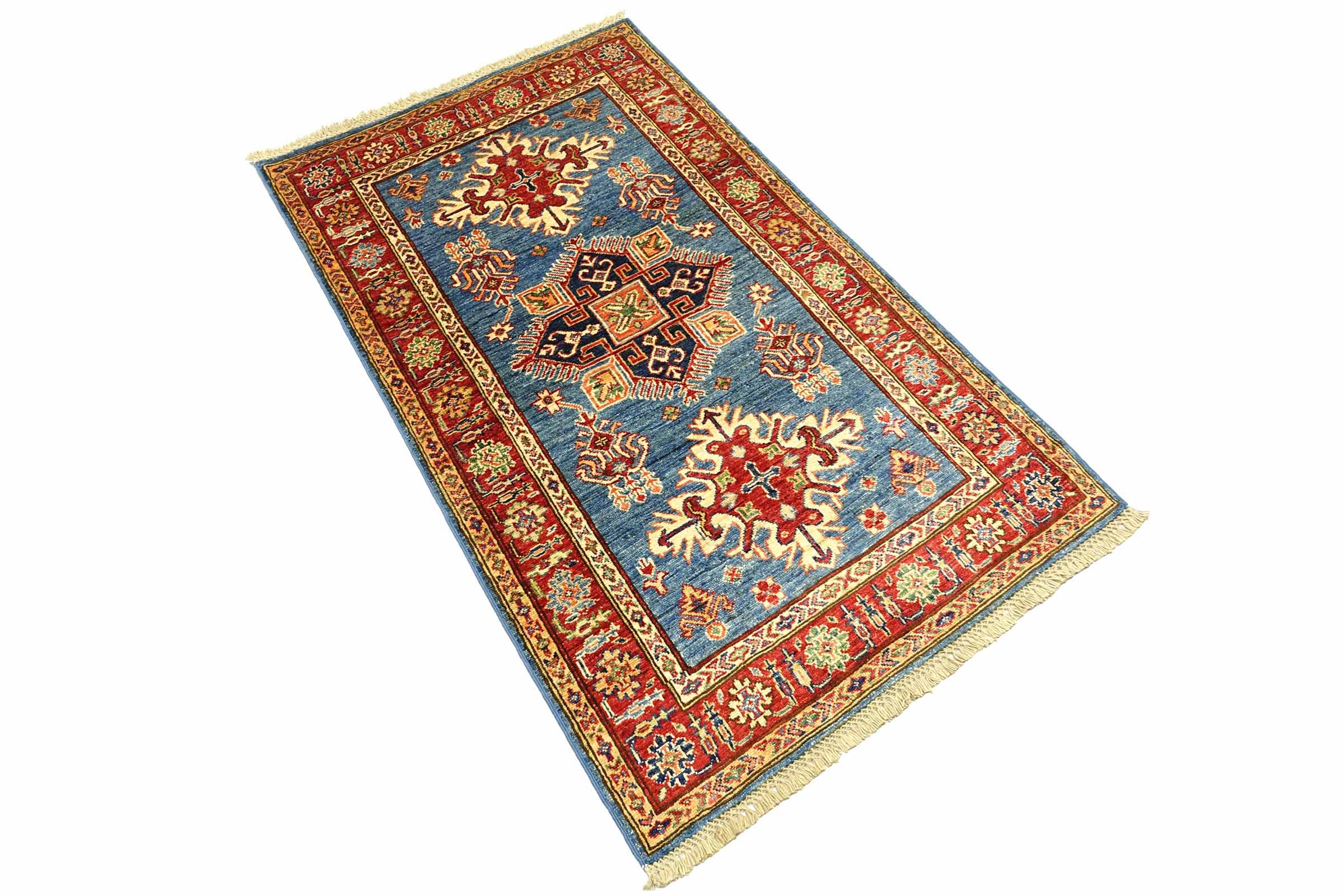 Afghan Kazak Fein 100x150 Handgeknüpft Orientteppich Blau Umrandung Wolle