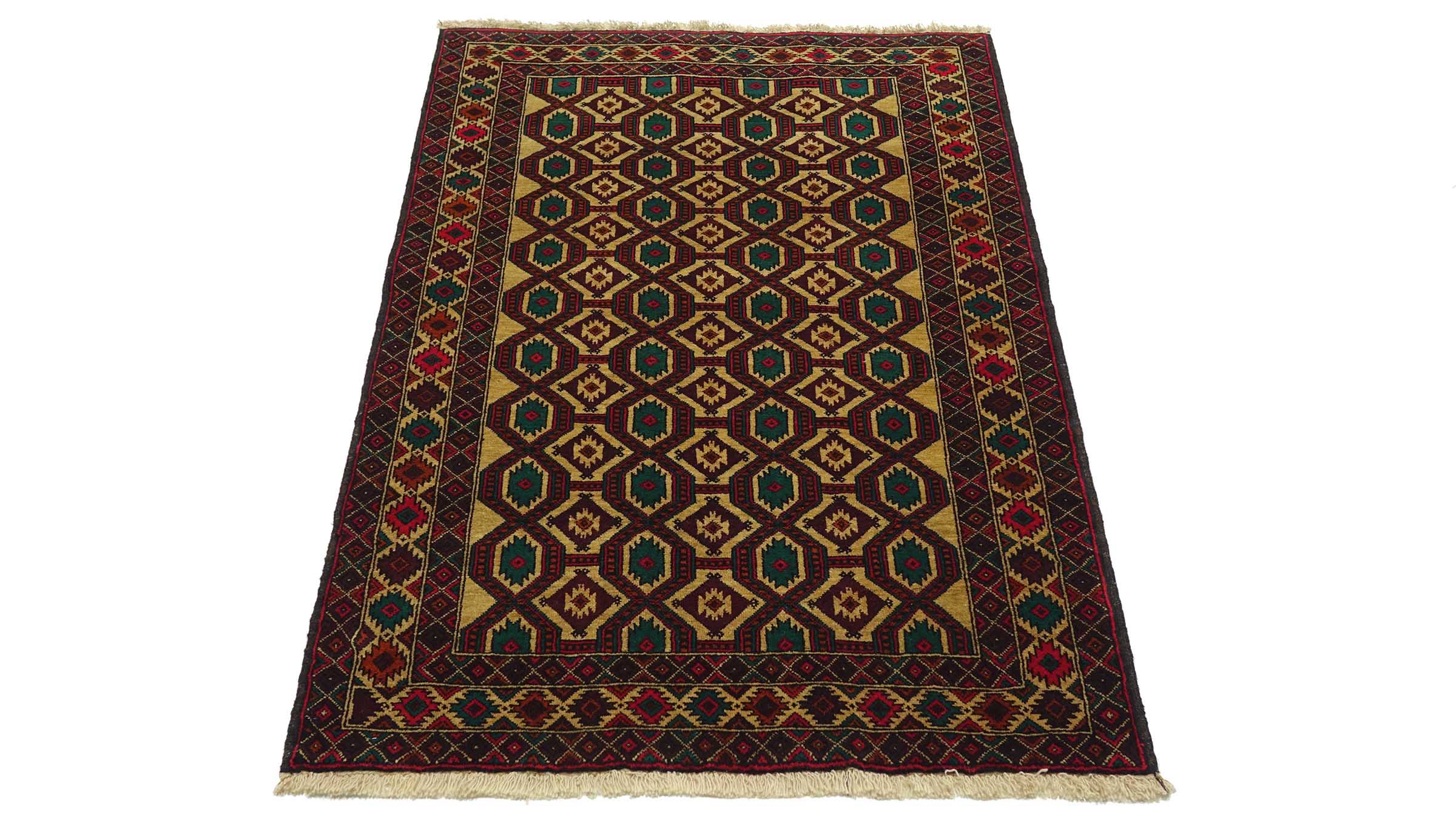 Afghan Teppich 90x140 Handgeknüpft Beige Geometrisch Orient Kurzflor Wohnzimmer
