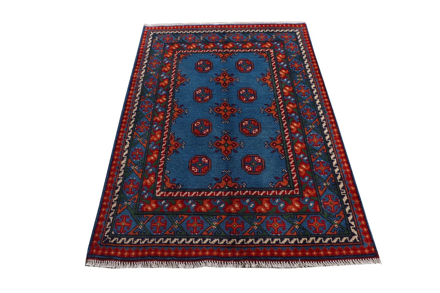 Afghan Akcha Rang Dar Teppich 100x150 Handgeknüpft Blau Durchgemustert Orient Kurzflor
