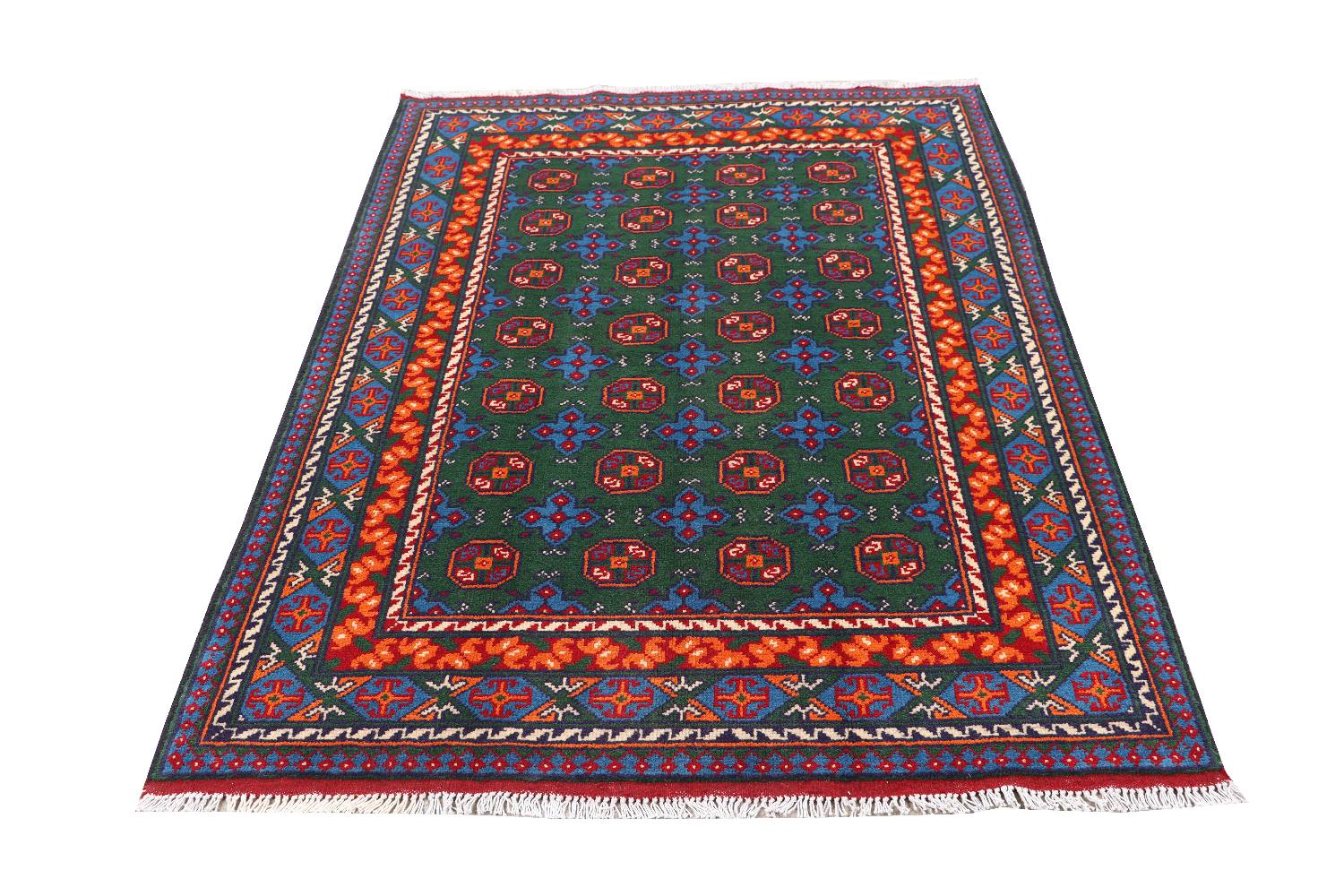 Afghan Akcha Rang Dar Teppich 120x180 Handgeknüpft Grün Durchgemustert Orient Kurzflor