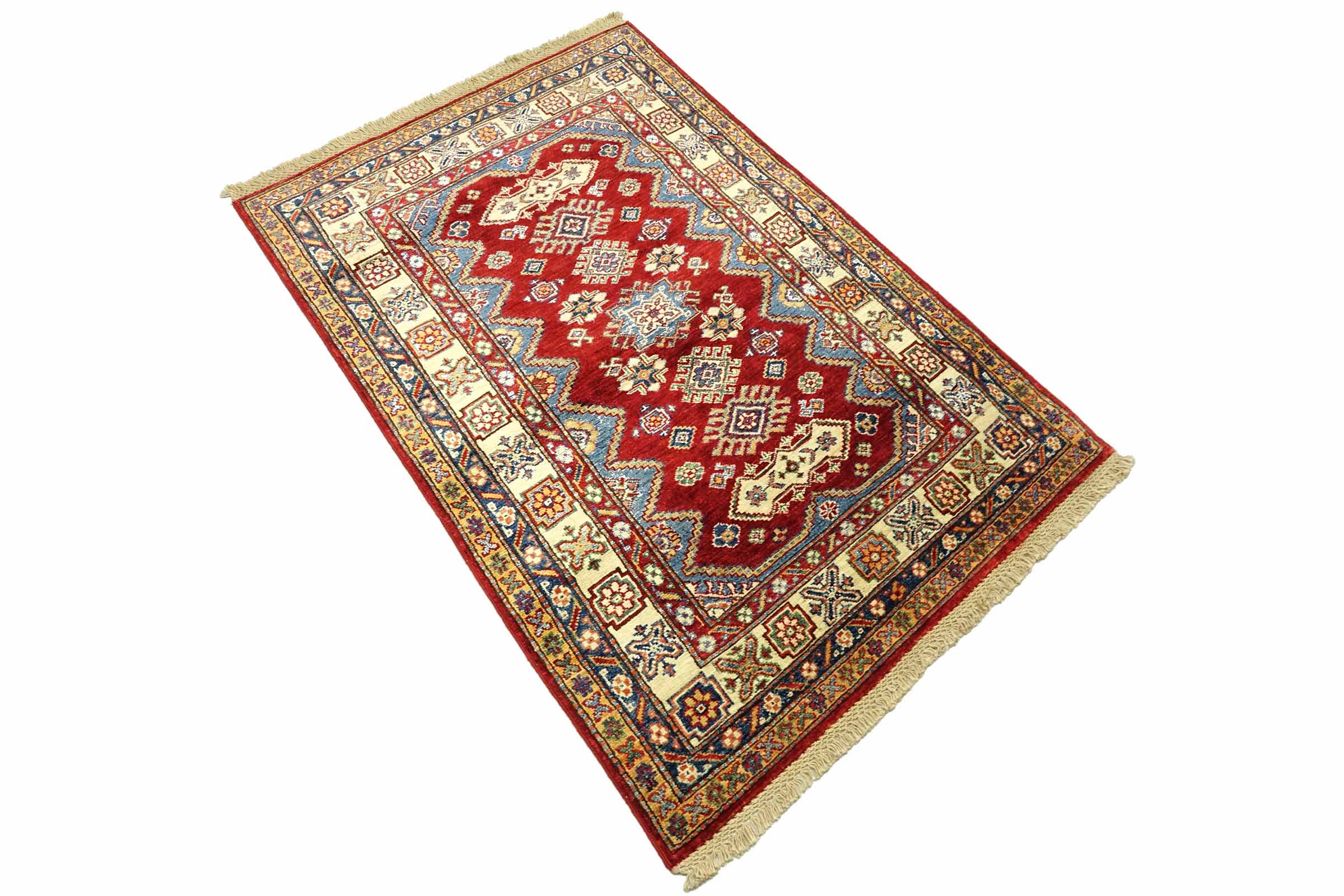 Afghan Kazak Fein 100x150 Handgeknüpft Orientteppich Rot Umrandung Wolle