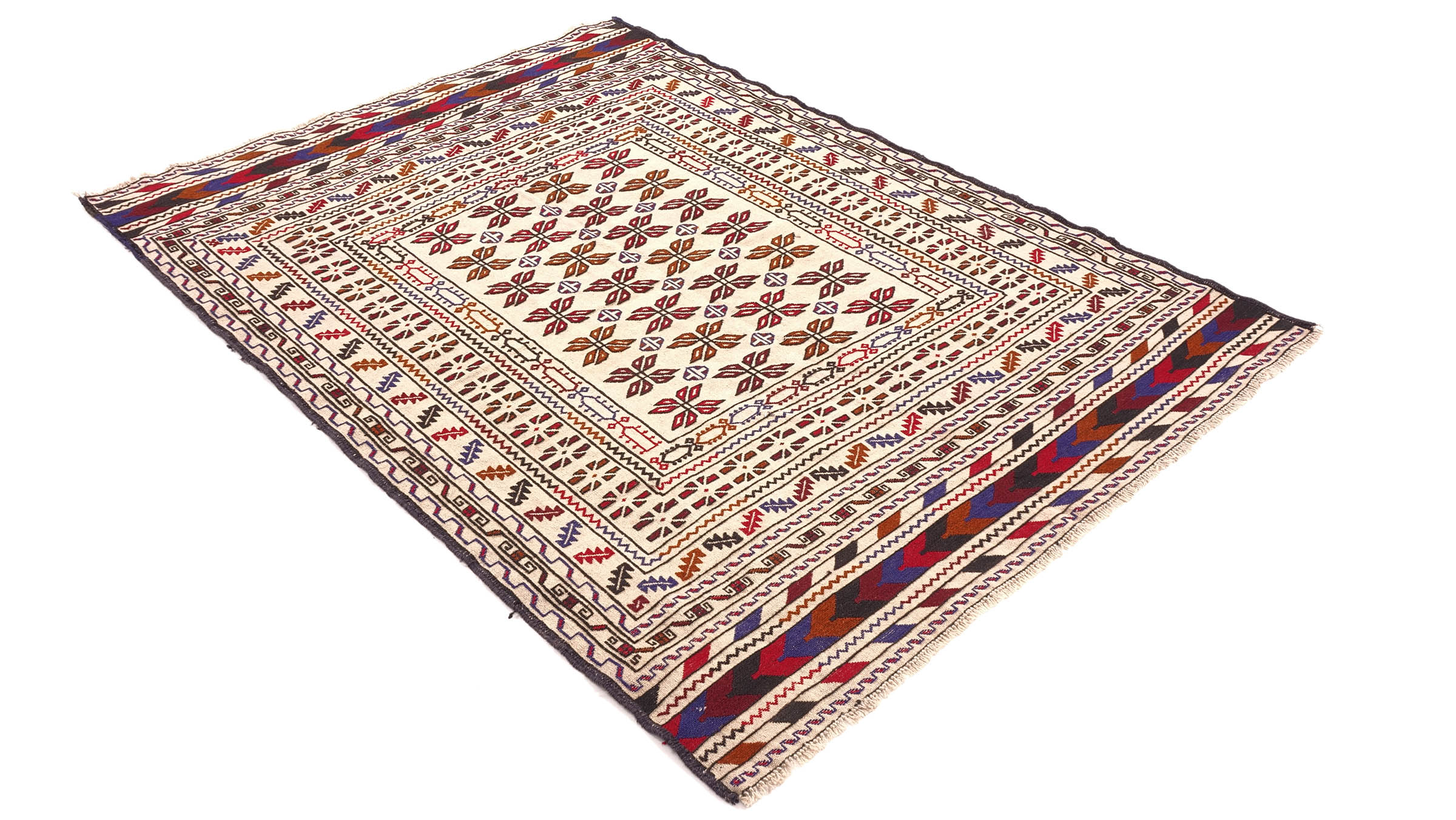 Afghan Kelim Gol Barjasta Teppich 140x190 Handgewebt Beige Geometrisch Handarbeit