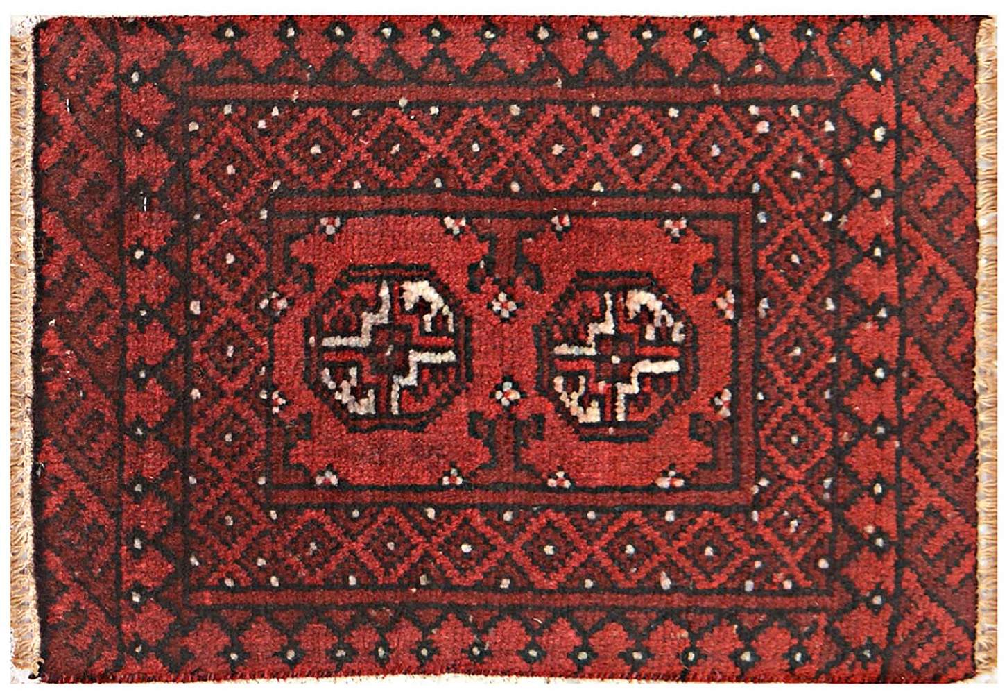 Afghan Aqcha Poshti Teppich 40x60 Handgeknüpft Rot Geometrisch Orient Kurzflor