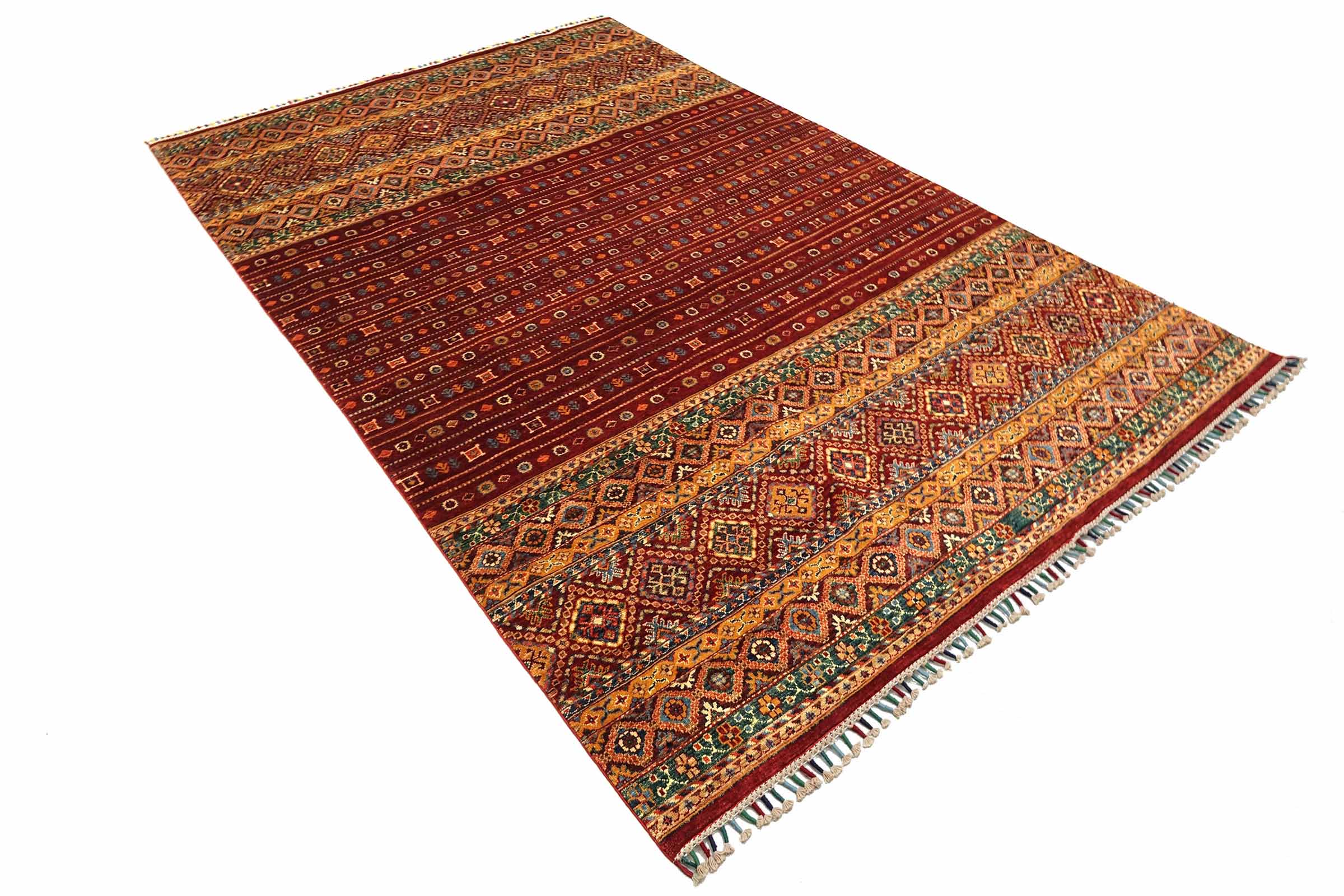 Afghan Khorjin Shaal 200x300 Handgeknüpft Orientteppich Rot Streifen Wolle