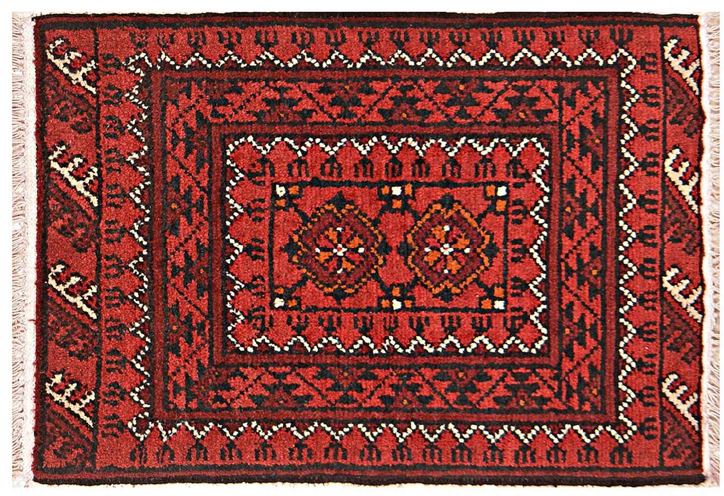 Afghan Aqcha Poshti Teppich 40x60 Handgeknüpft Rot Geometrisch Orient Kurzflor