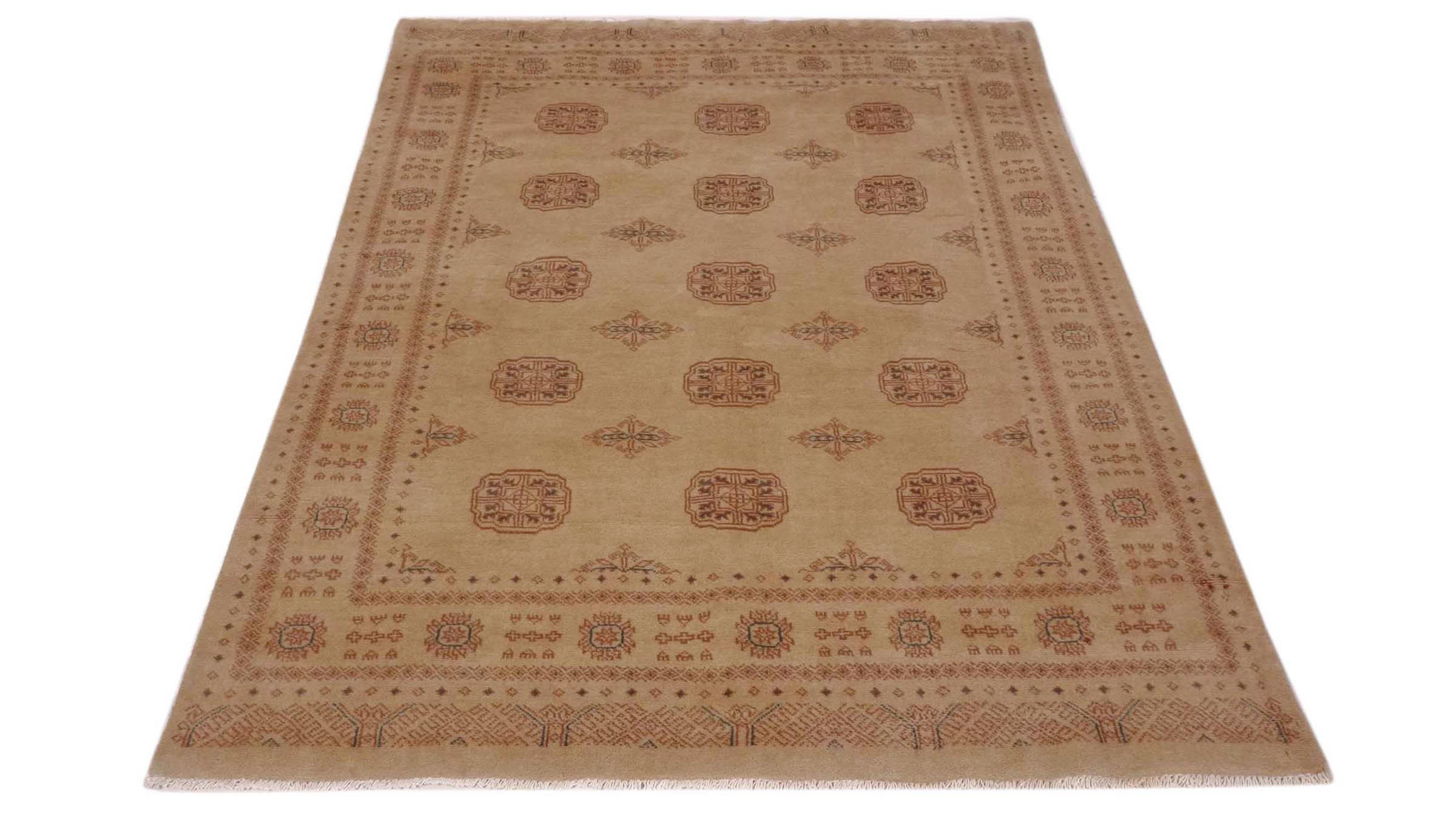 Pakistan Buchara 3ply Teppich 140x200 Handgeknüpft Beige Geometrisch Orient Kurzflor