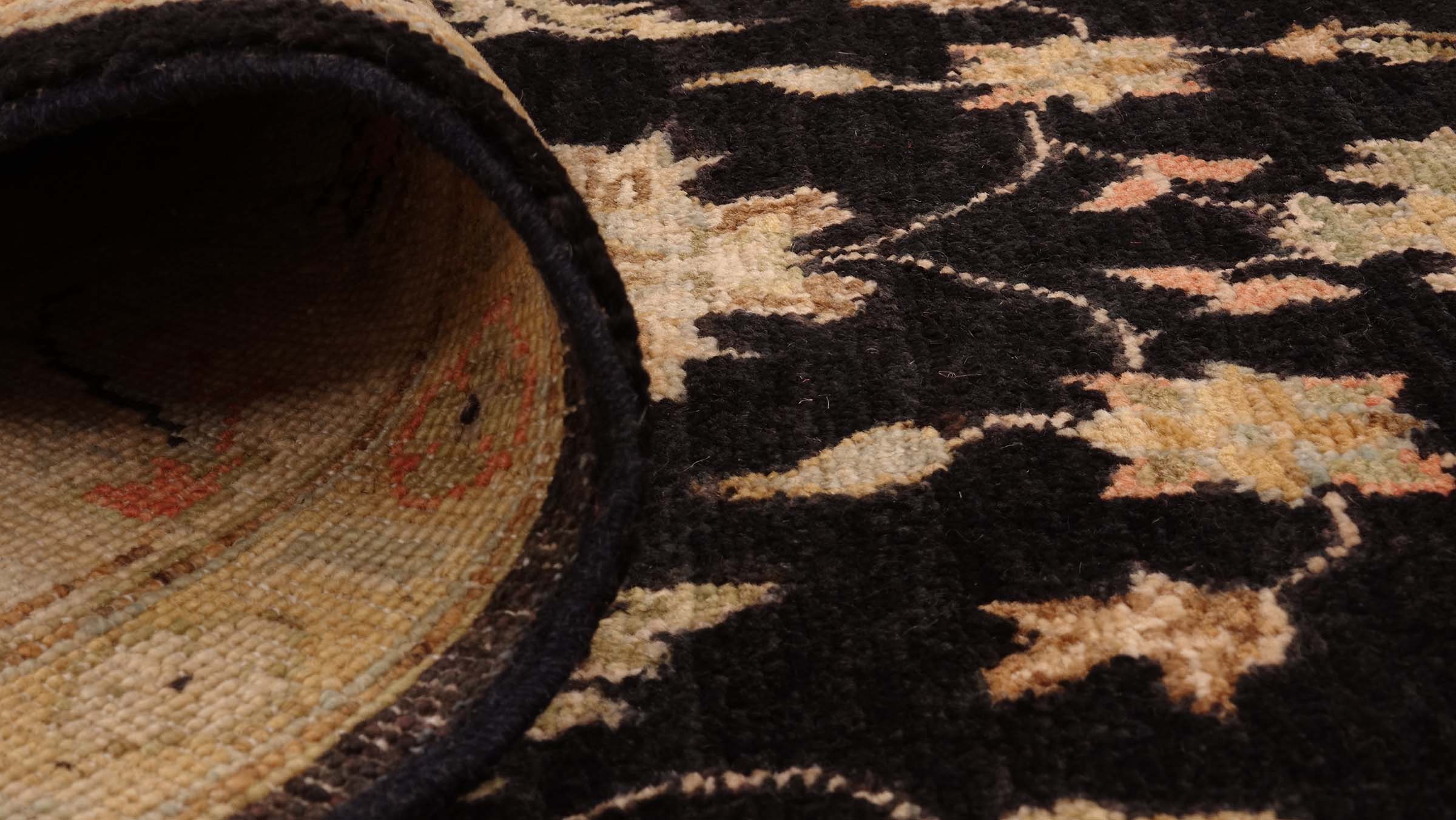 Chobi Ziegler Teppich 130x350 Handgeknüpft Läufer Schwarz Floral Orientalisch UNIKAT