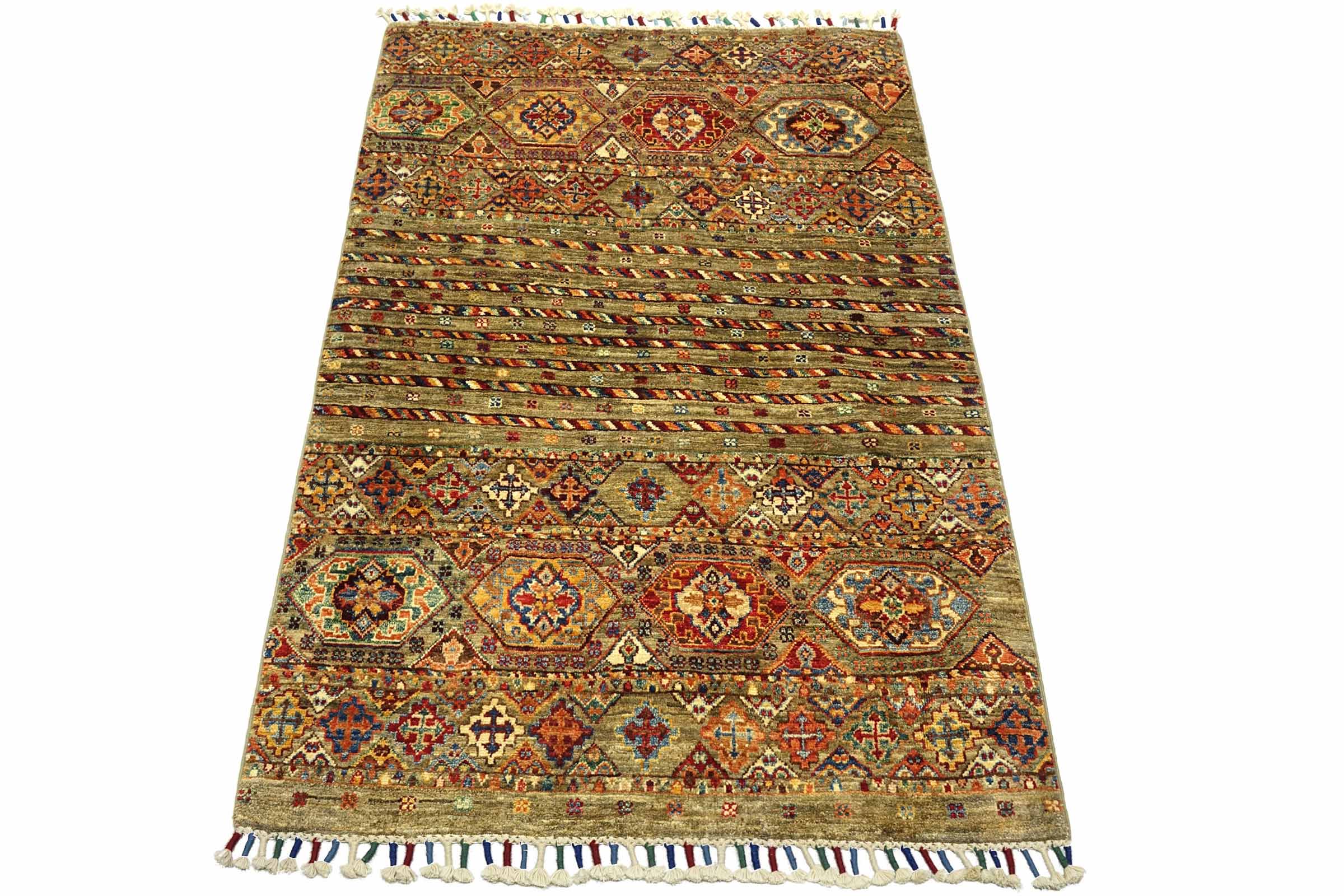 Afghan Khorjin Shaal 100x150 Handgeknüpft Orientteppich Braun Streifen Wolle