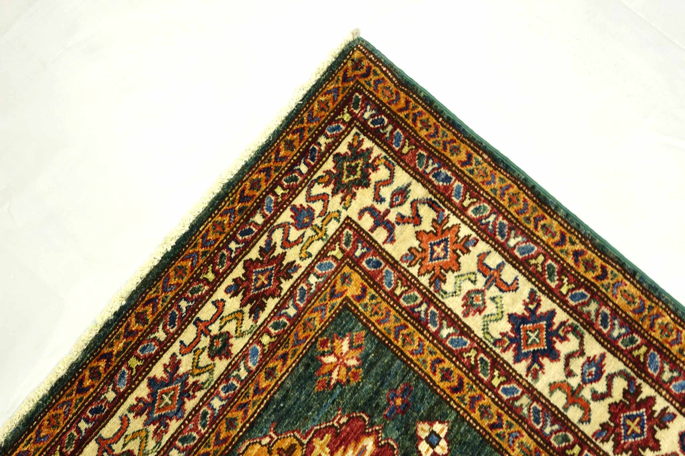 Afghan Kazak Fein 100x150 Handgeknüpft Orientteppich grün Umrandung Wolle