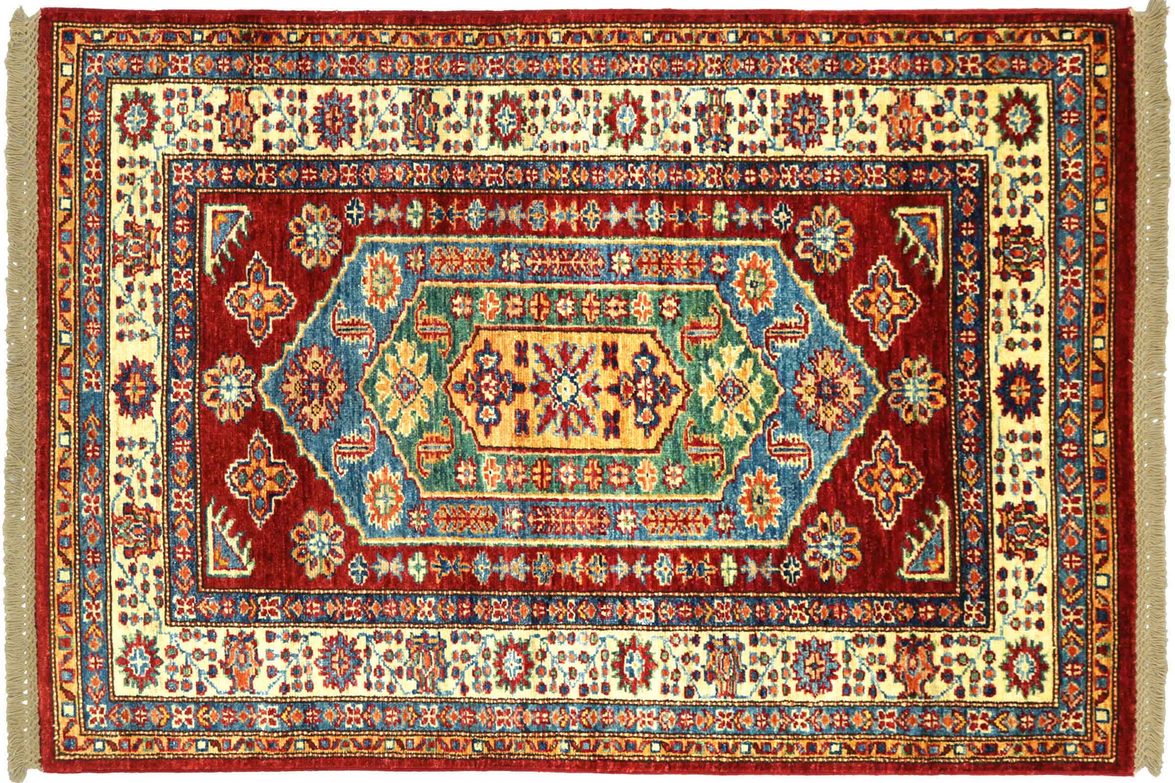Afghan Kazak Fein 100x150 Handgeknüpft Orientteppich Rot Umrandung Wolle