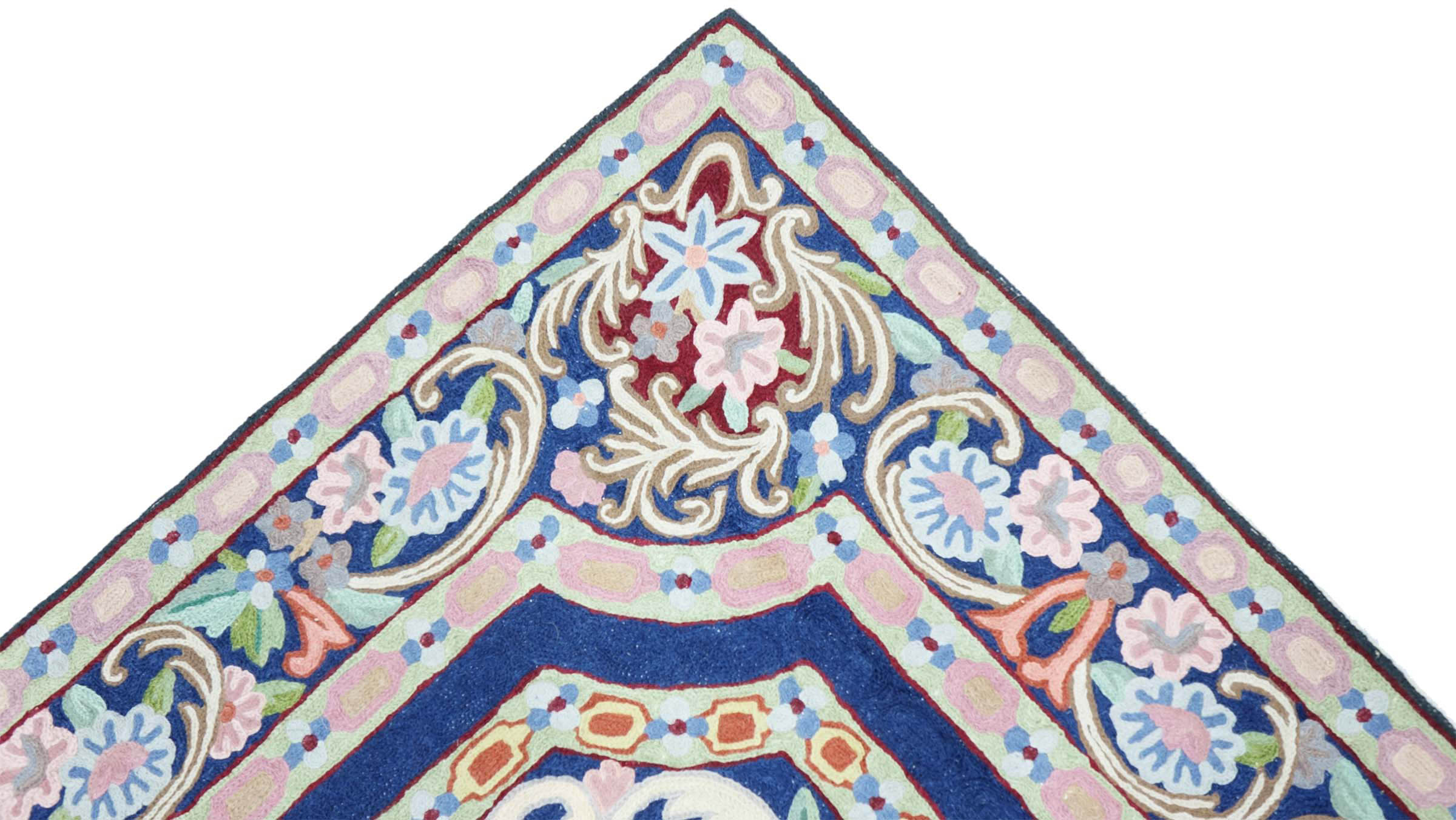 Chainstitch Kettenstich Teppich 80x120 Handgewebt Blau Blumenmuster Handarbeit Gewebt
