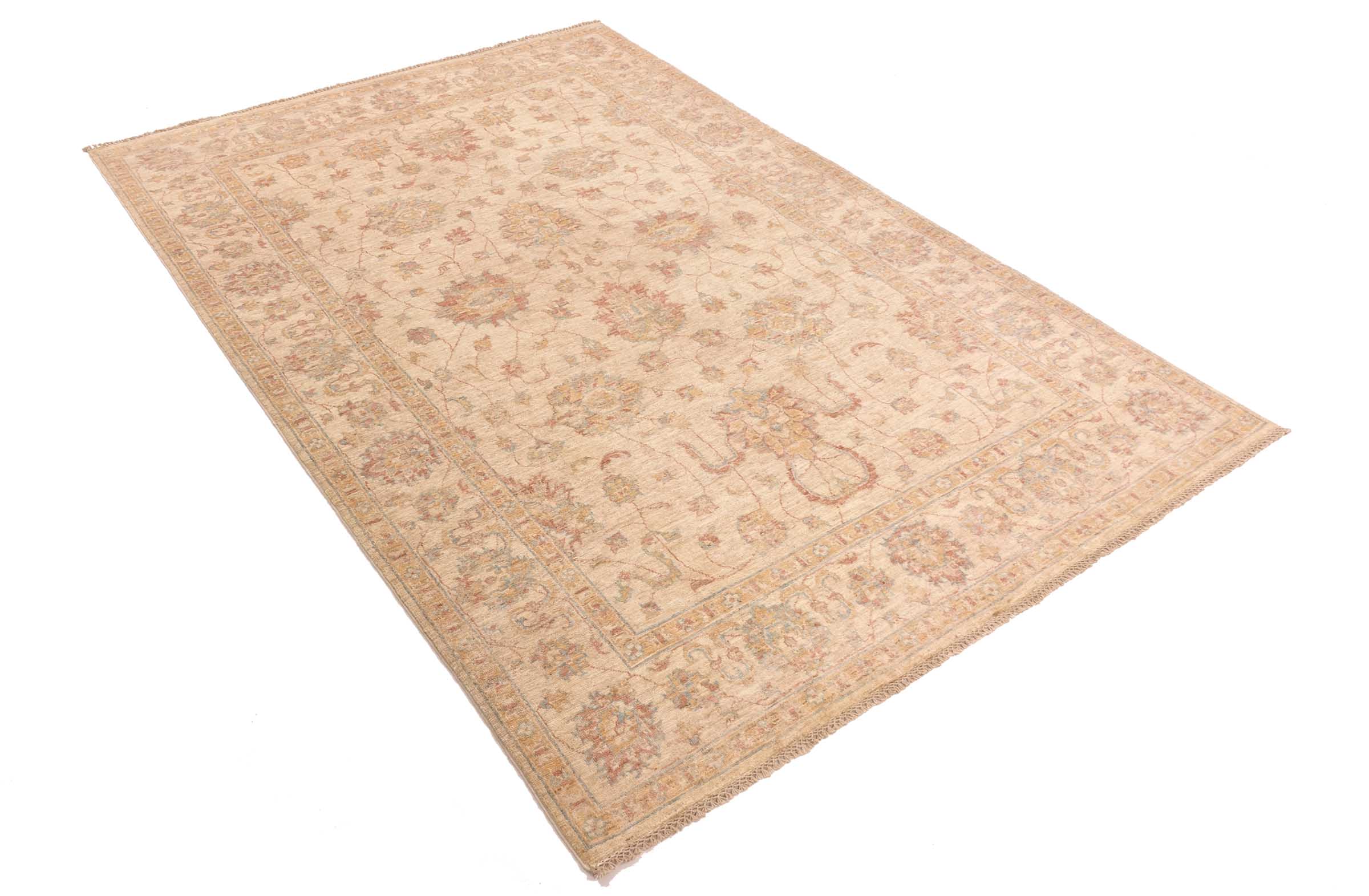 Chobi Ziegler Teppich 170x240 Handgeknüpft Beige Floral Orientalisch UNIKAT Kurzflor