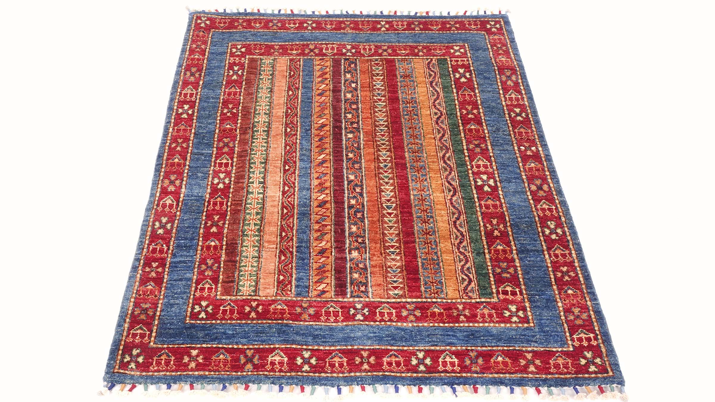 Afghan Khorjin Shaal Teppich 100x150 Handgeknüpft Blau Streifen Orient Kurzflor