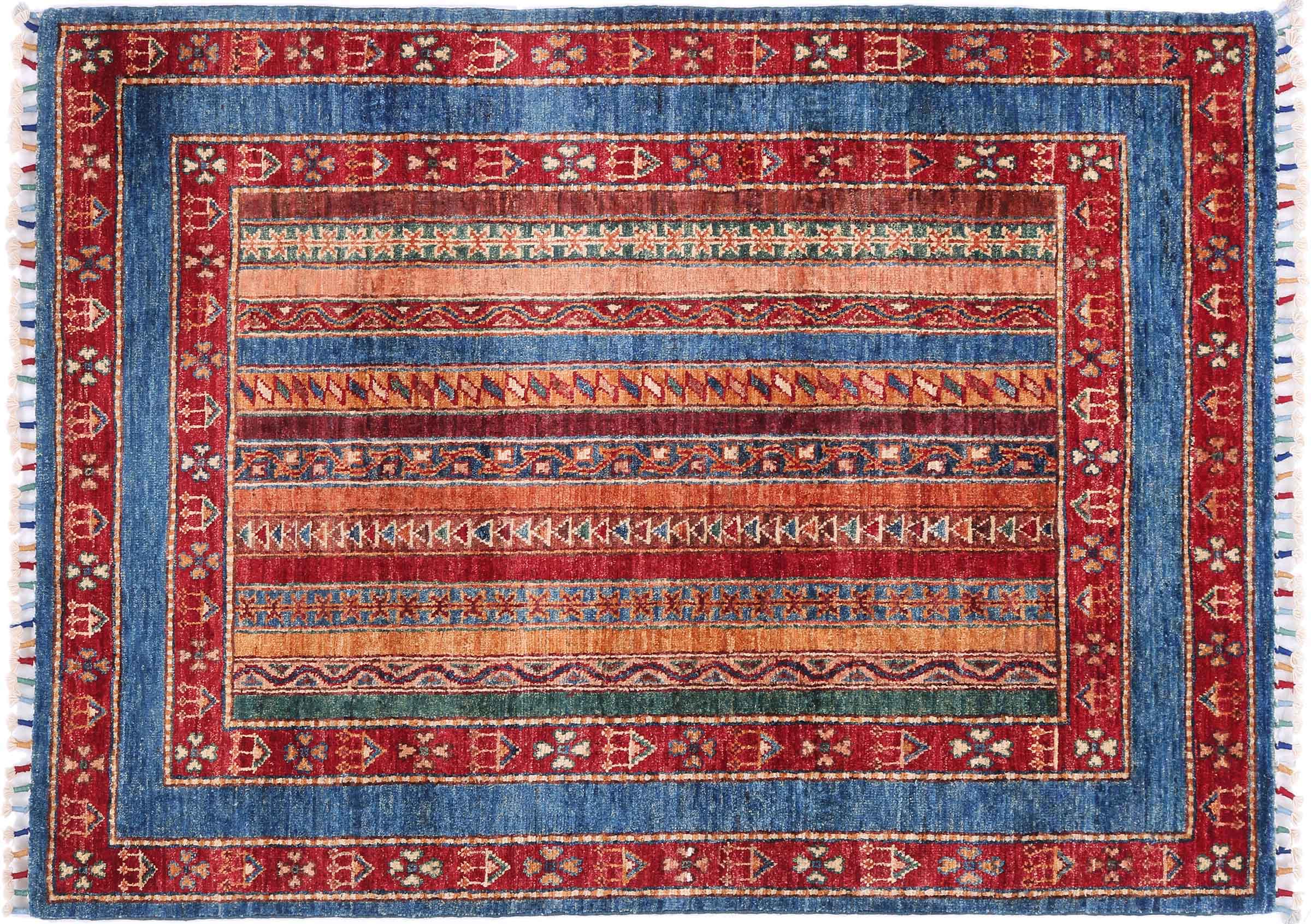 Afghan Khorjin Shaal Teppich 100x150 Handgeknüpft Blau Streifen Orient Kurzflor