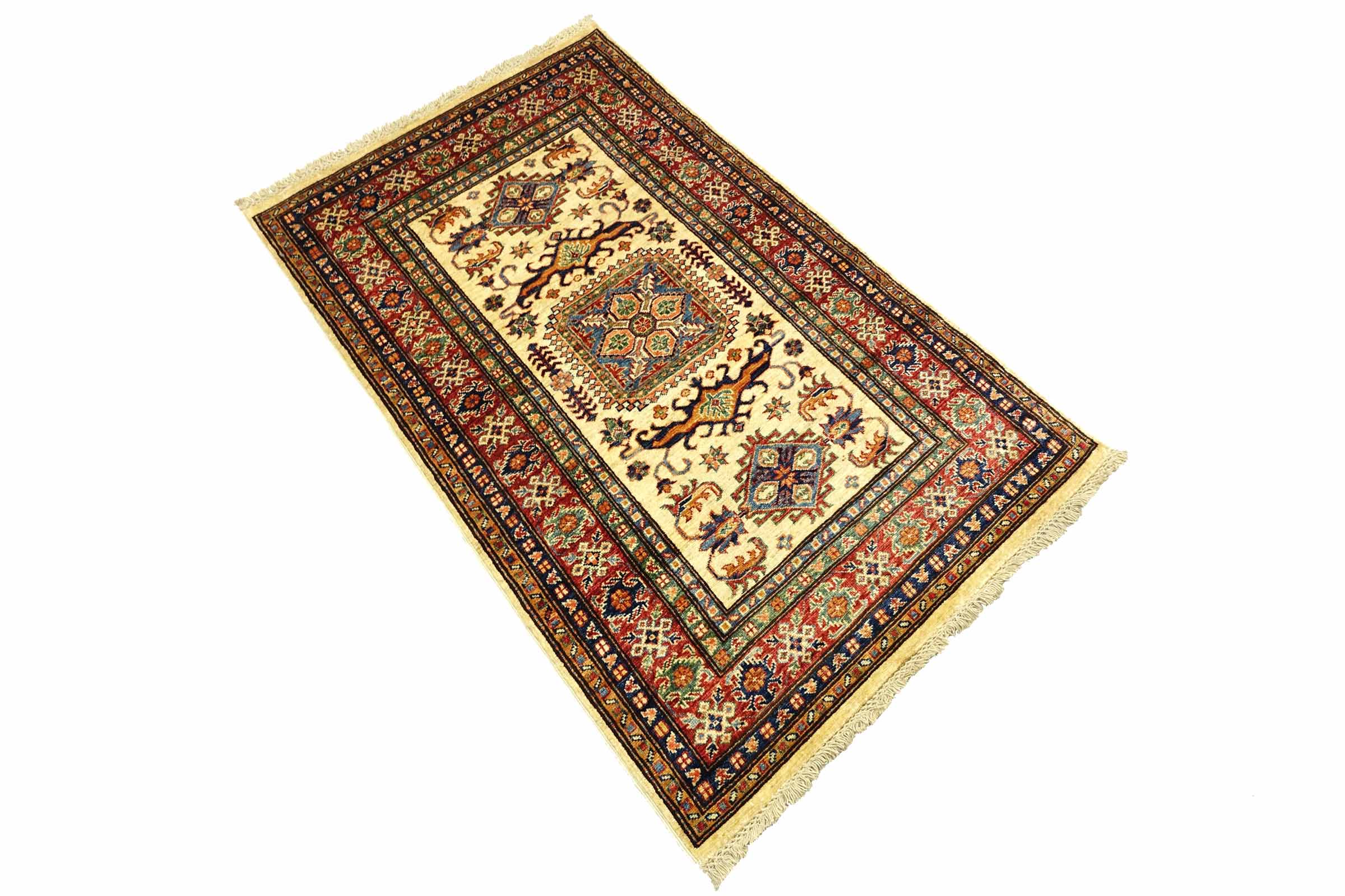 Afghan Kazak Fein 100x150 Handgeknüpft Orientteppich Beige Umrandung Wolle