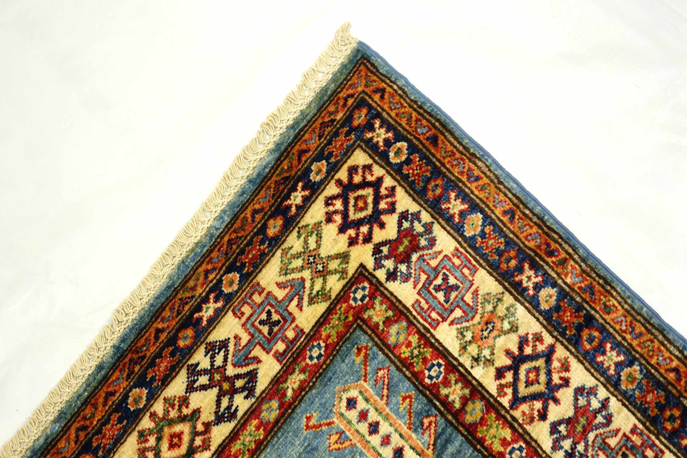 Afghan Kazak Fein 100x150 Handgeknüpft Orientteppich Blau Umrandung Wolle