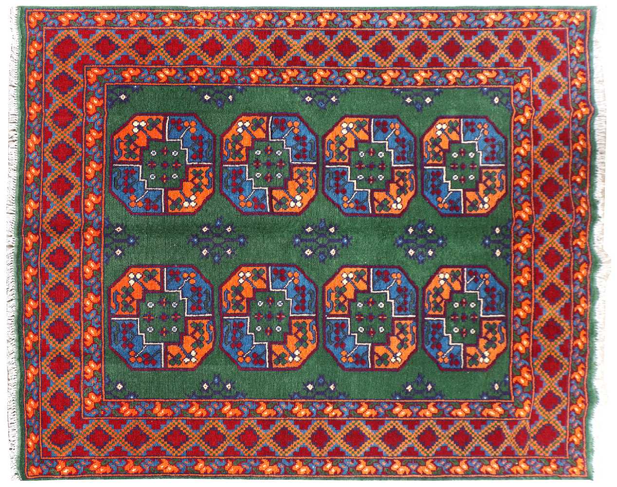 Afghan Akcha Rang Dar Teppich 150x200 Handgeknüpft Grün Durchgemustert Orient Kurzflor