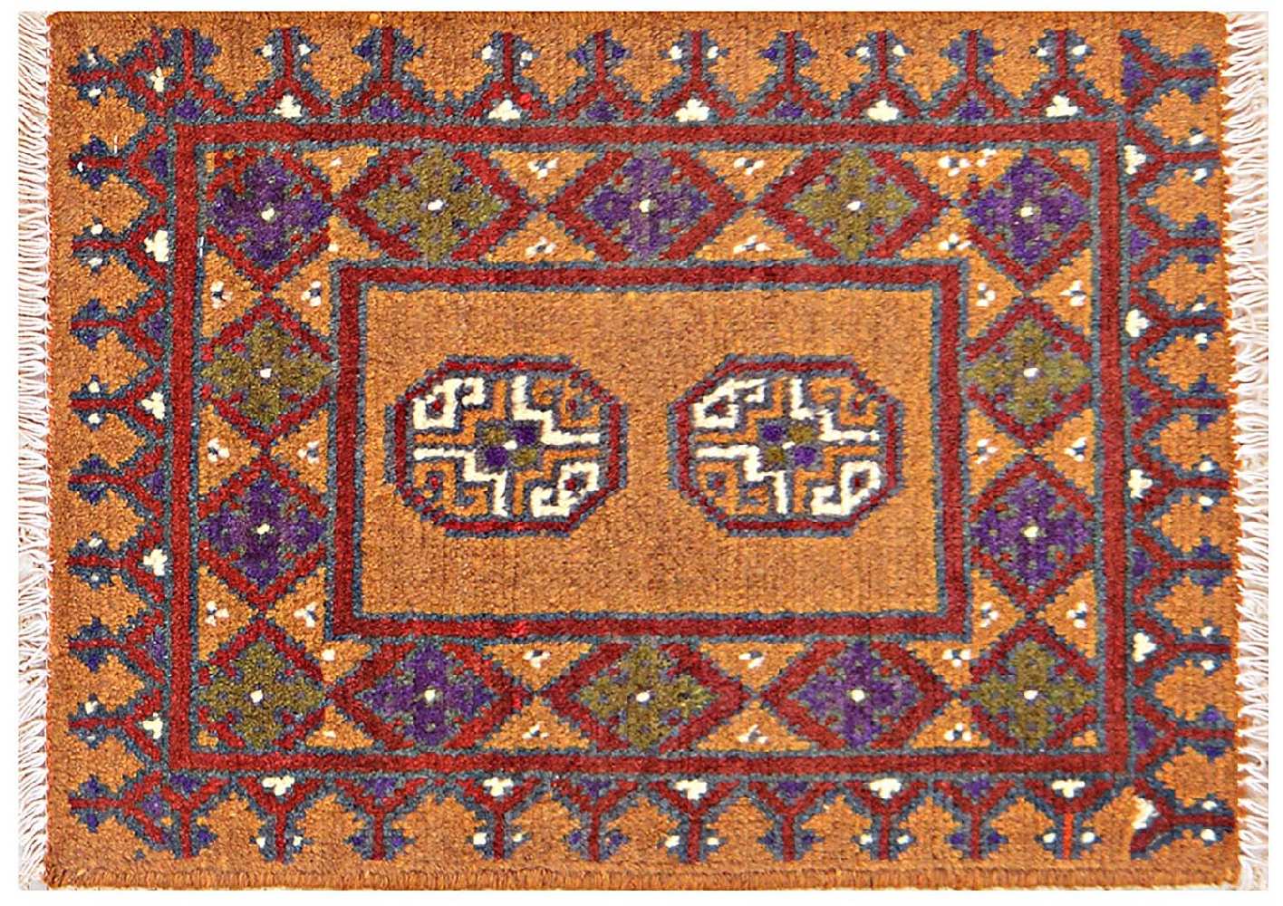 Afghan Aqcha Poshti Teppich 40x60 Handgeknüpft Braun Geometrisch Orient Kurzflor