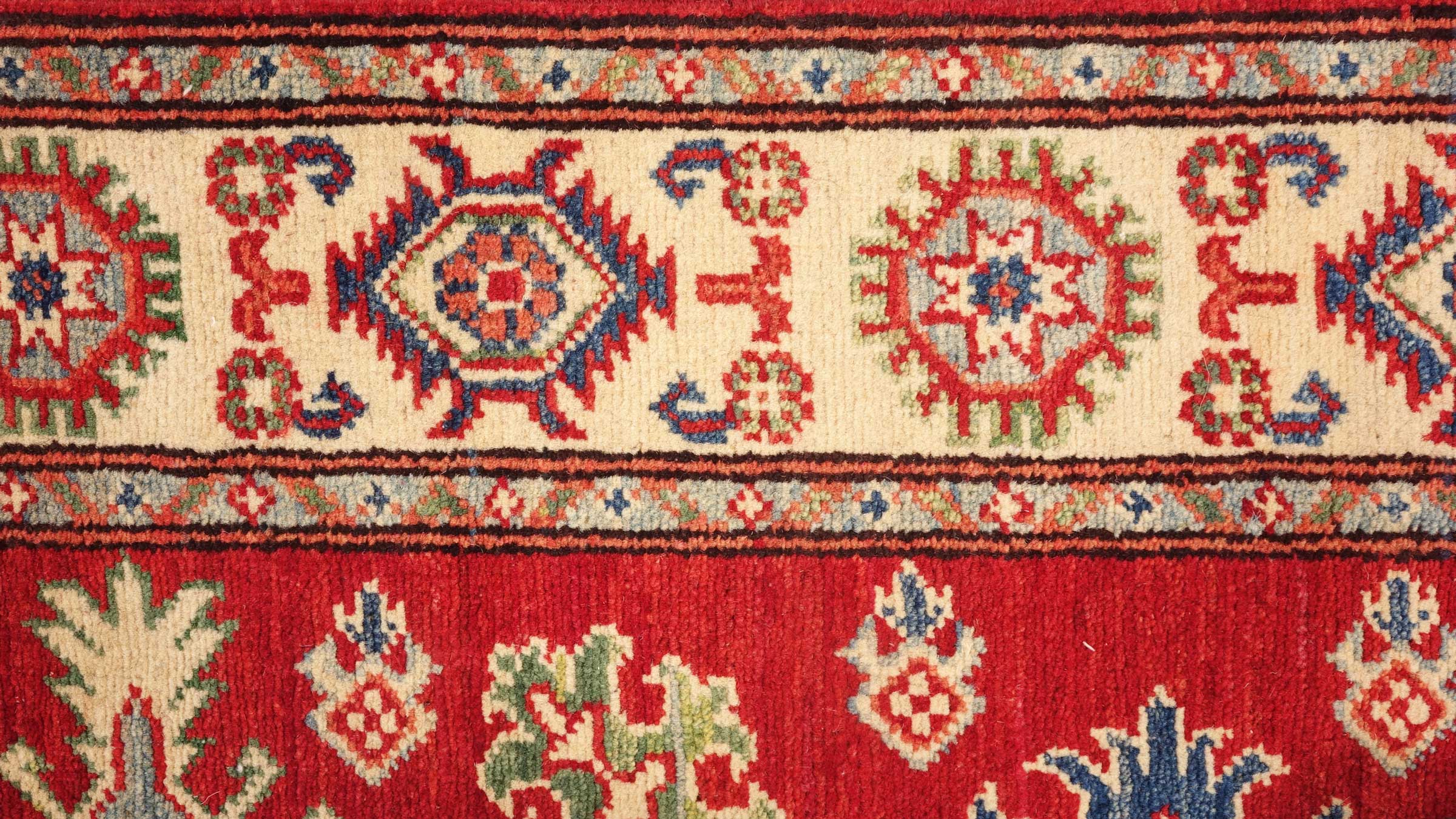Kazak Teppich 80x300 Handgeknüpft Läufer rot Geometrisch Orientalisch UNIKAT Kurzflor