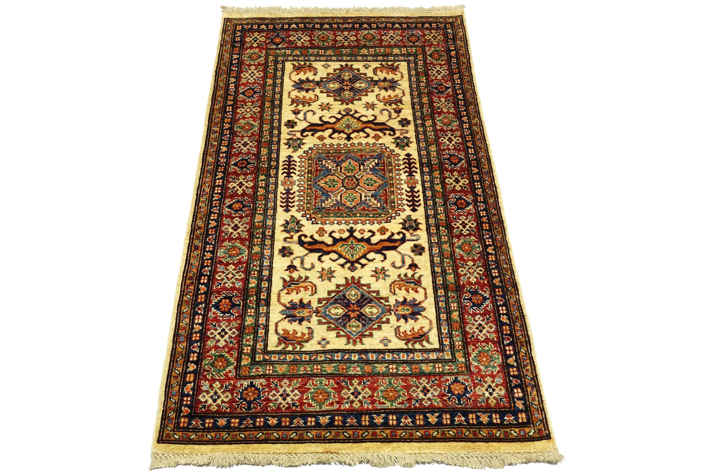 Afghan Kazak Fein 100x150 Handgeknüpft Orientteppich Beige Umrandung Wolle