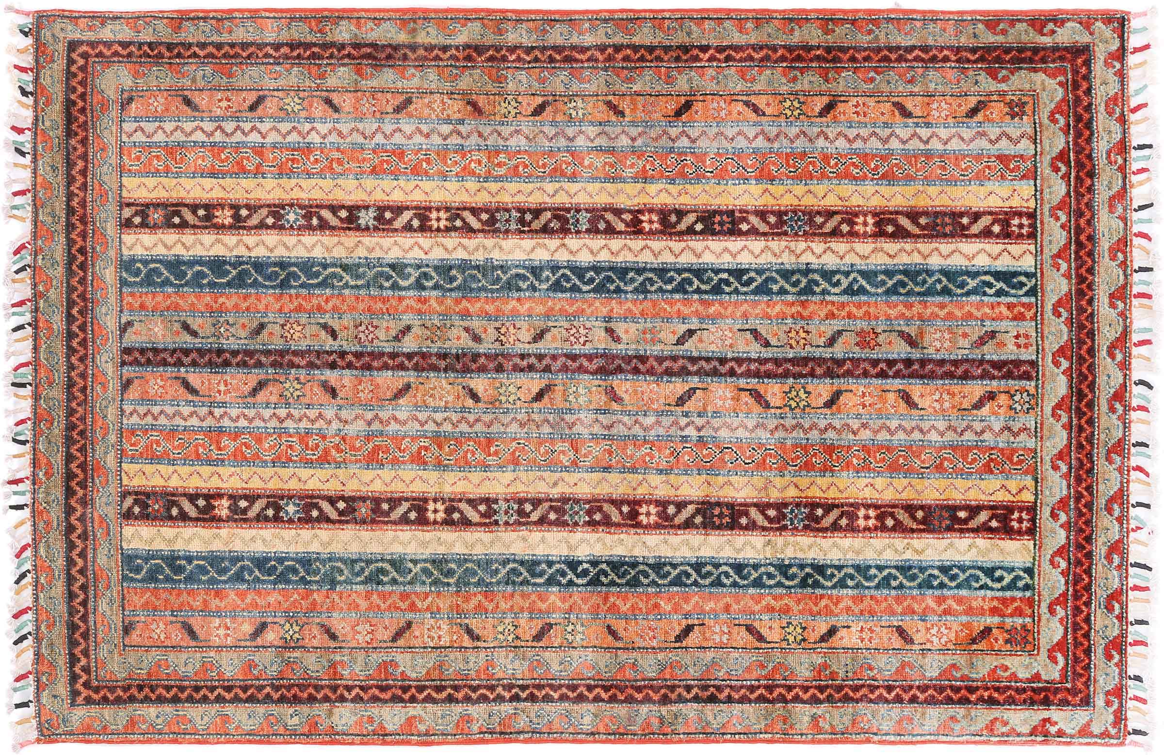 Afghan Khorjin Shaal Teppich 100x150 Handgeknüpft Grau Streifen Orient Kurzflor