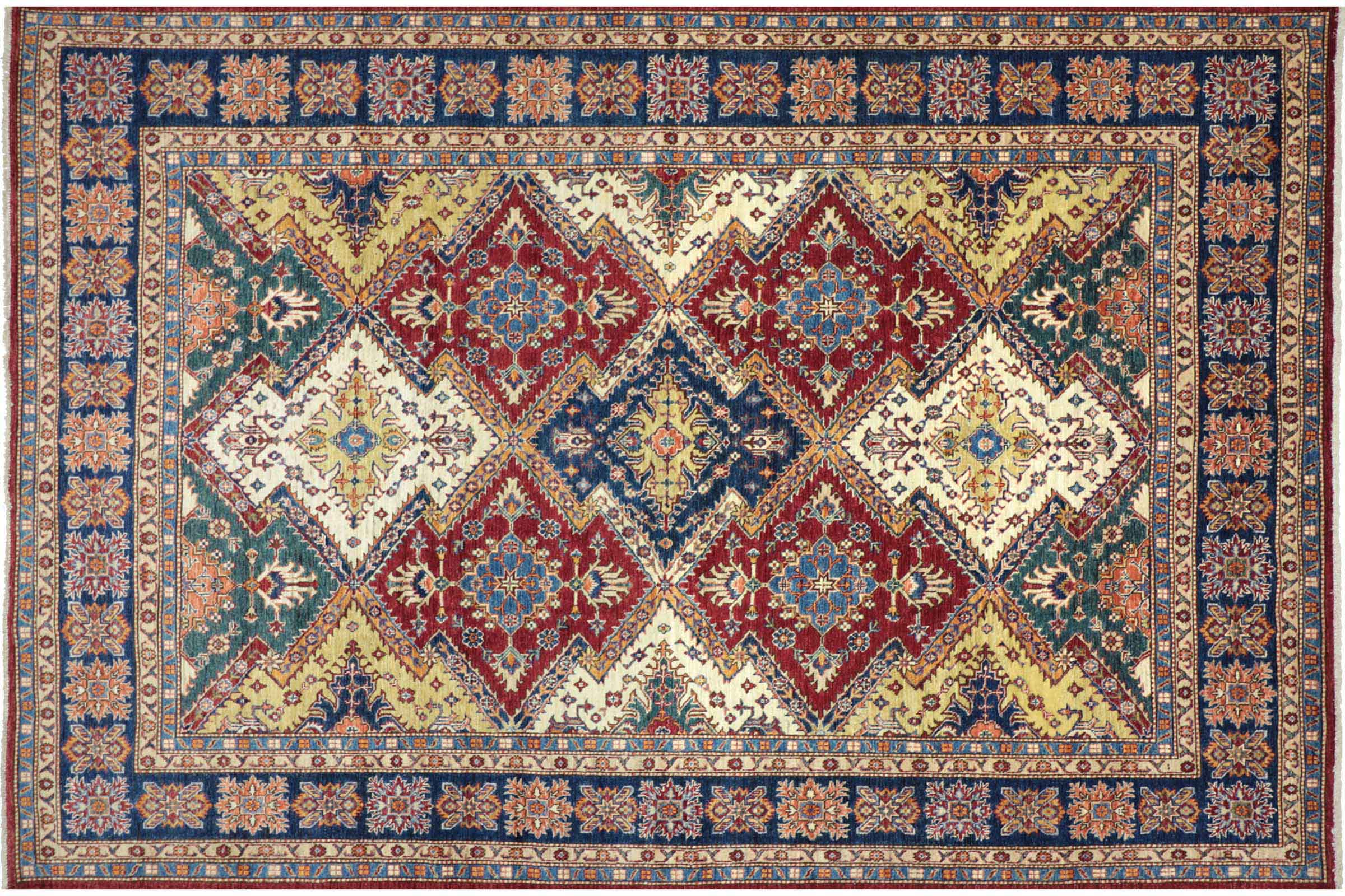 Afghan Feiner Kazak Teppich 250x300 Handgeknüpft Blau Geometrisch Orient Kurzflor