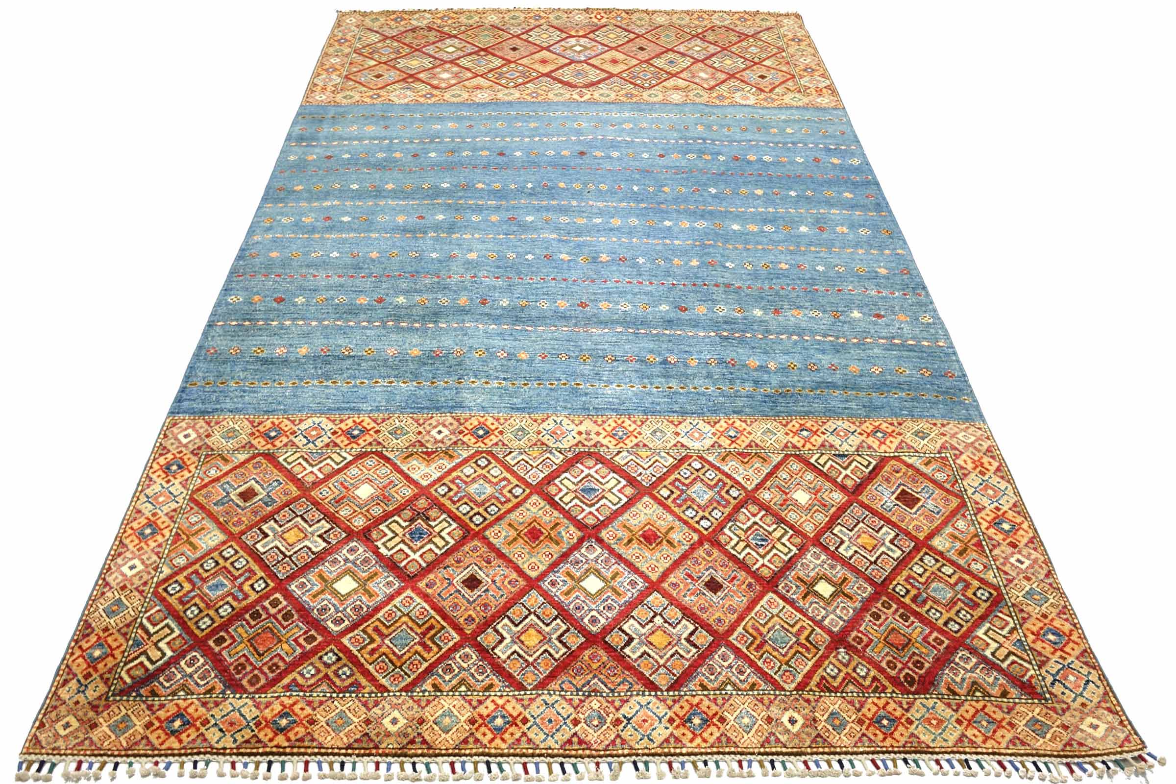 Afghan Khorjin Shaal 210x330 Handgeknüpft Orientteppich Hellblau Streifen Wolle