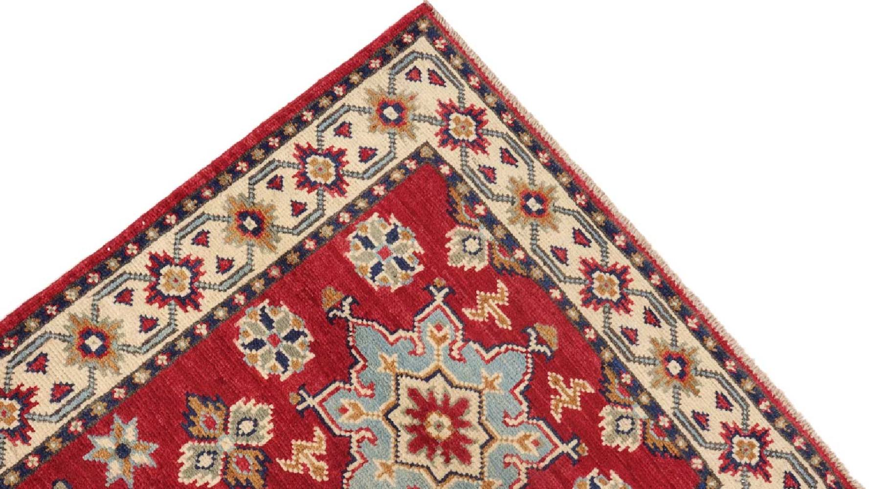 Kazak Teppich 60x170 Handgeknüpft Läufer rot Geometrisch Orientalisch UNIKAT Kurzflor