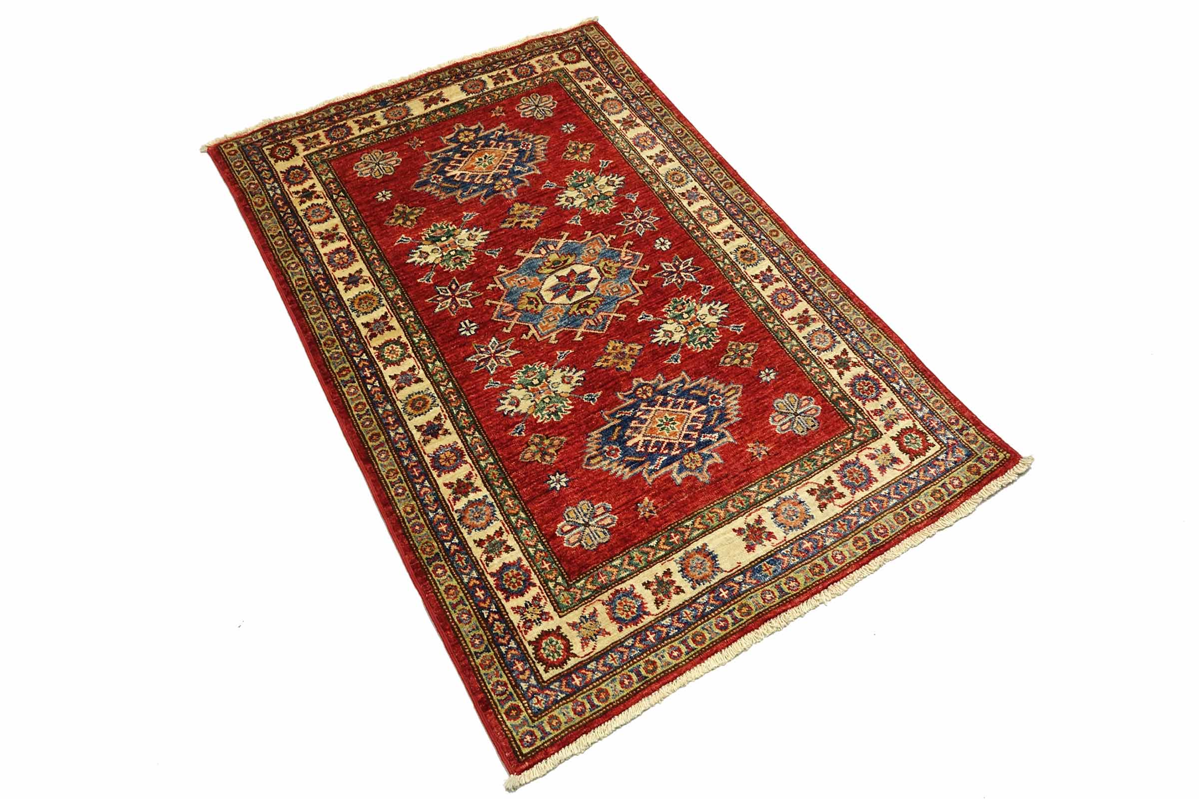 Afghan Kazak Fein 100x150 Handgeknüpft Orientteppich Rot Umrandung Wolle