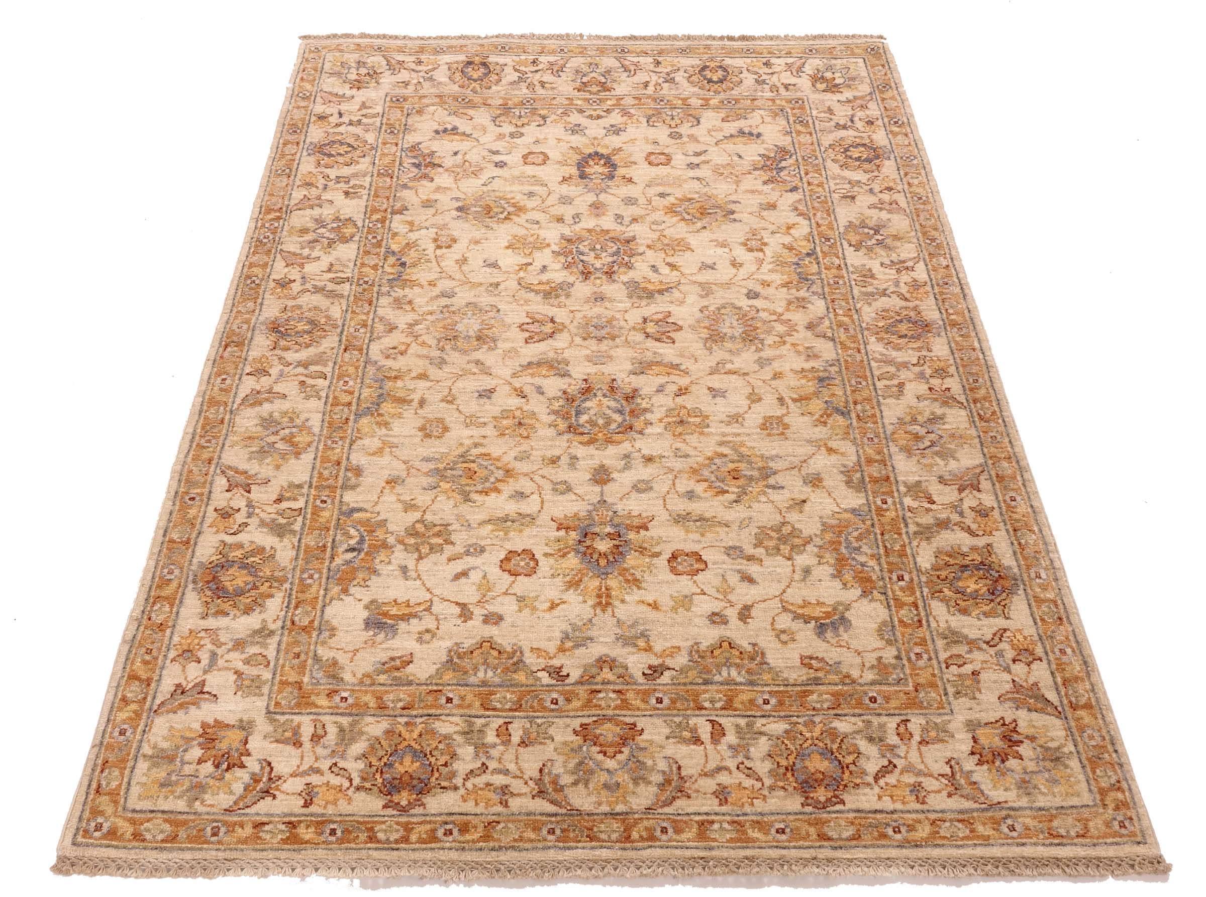 Chobi Ziegler Teppich 120x180 Handgeknüpft Beige Floral Orientalisch UNIKAT Kurzflor