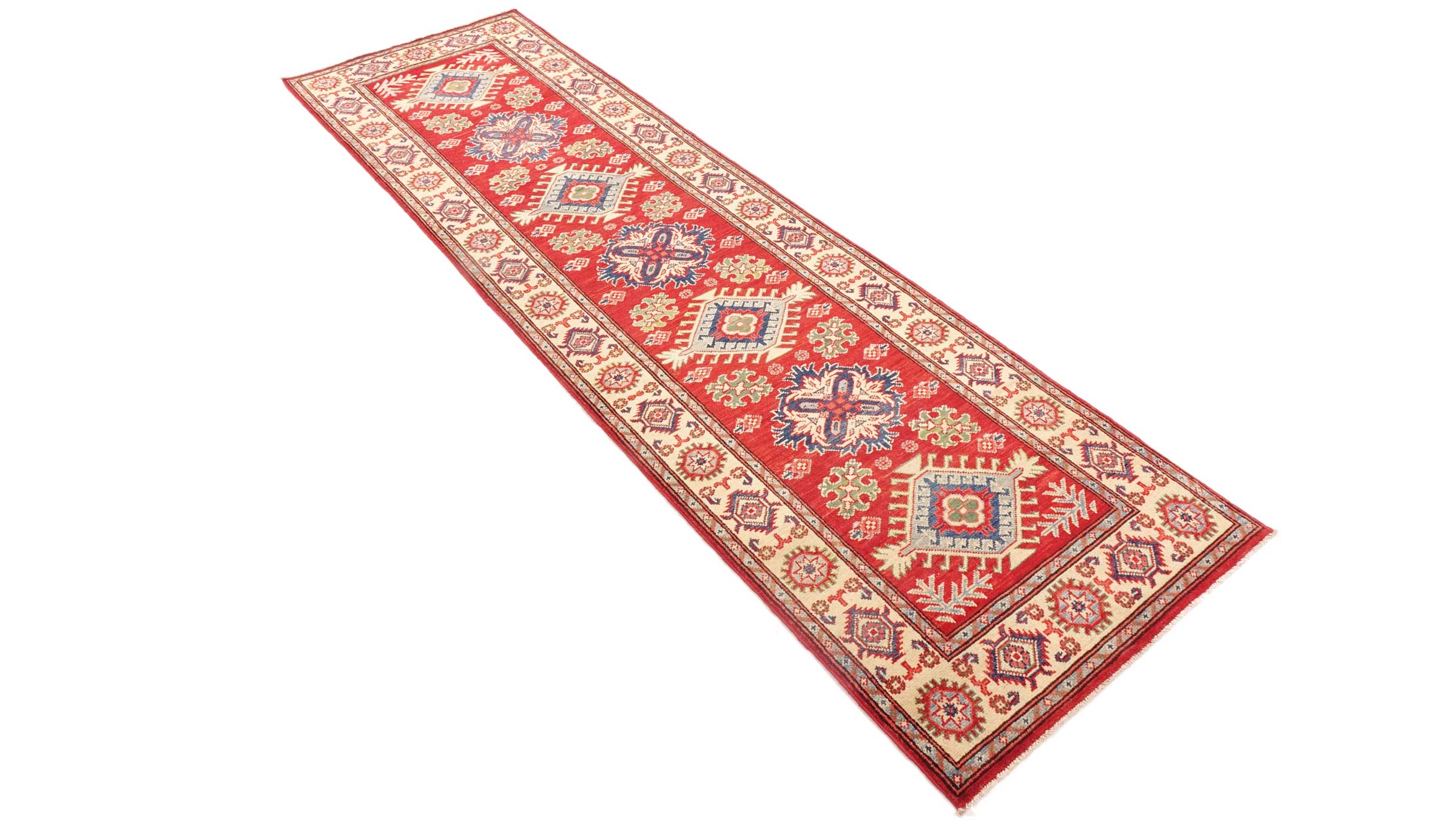 Kazak Teppich 80x300 Handgeknüpft Läufer rot Geometrisch Orientalisch UNIKAT Kurzflor